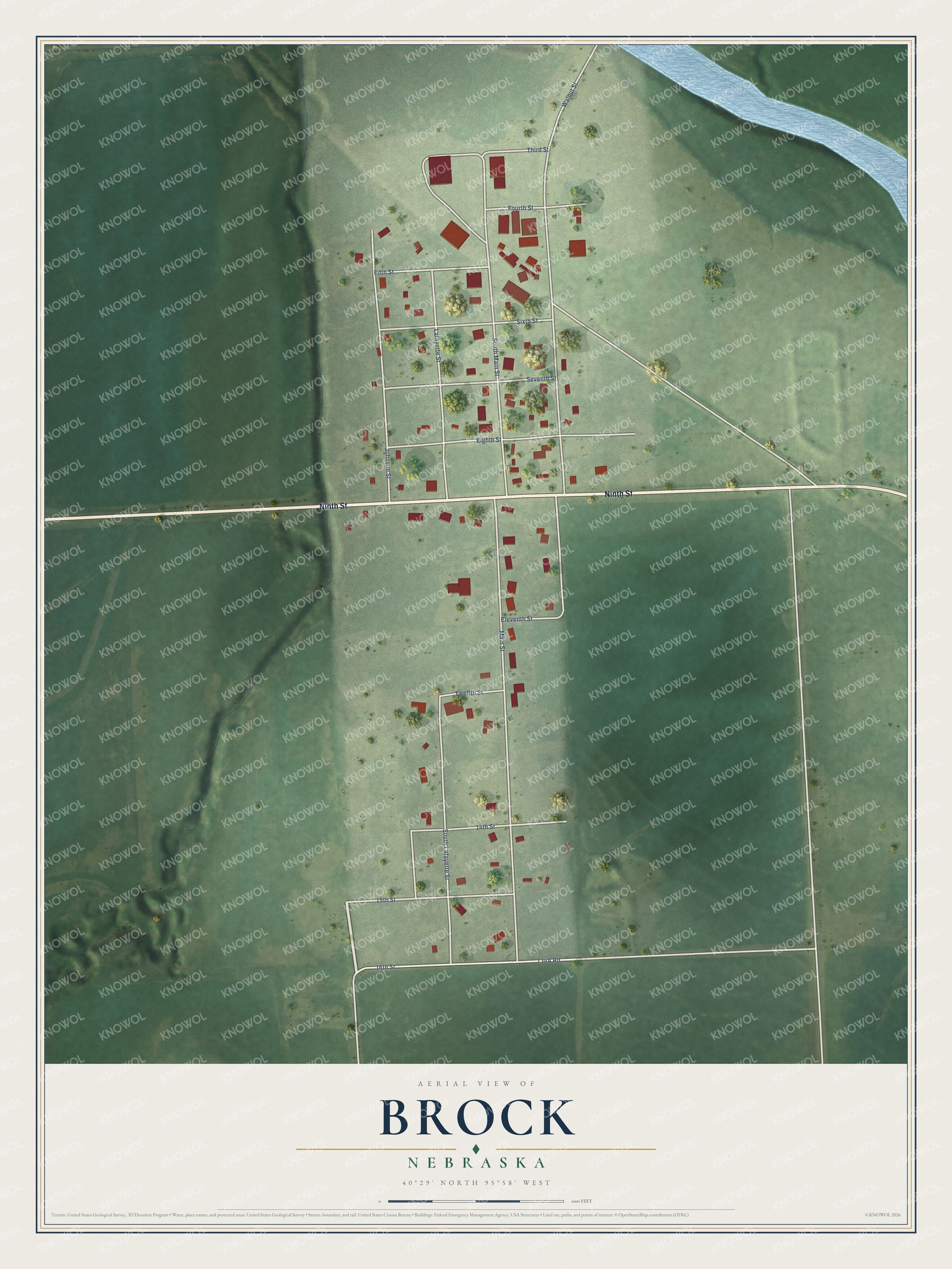 Full map of Brock, Nebraska, with red buildings, printed street names and the land around them