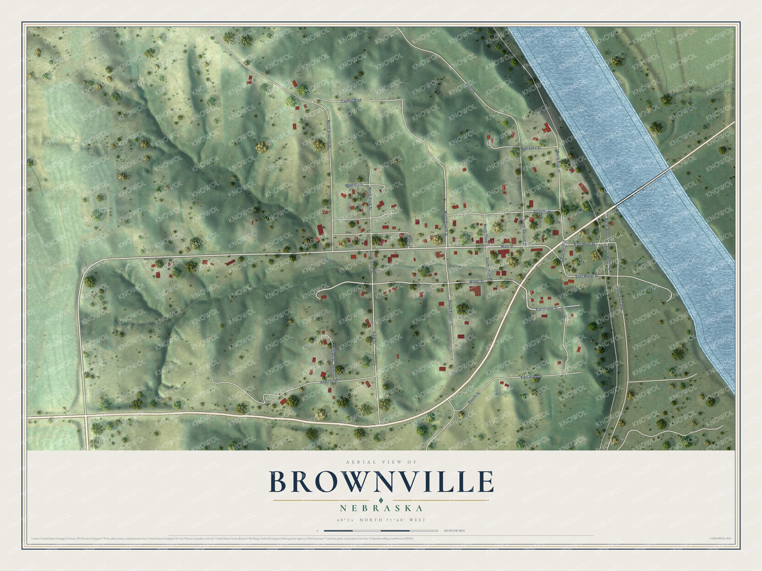 Full map of Brownville, Nebraska, with red buildings, printed street names and the land around them