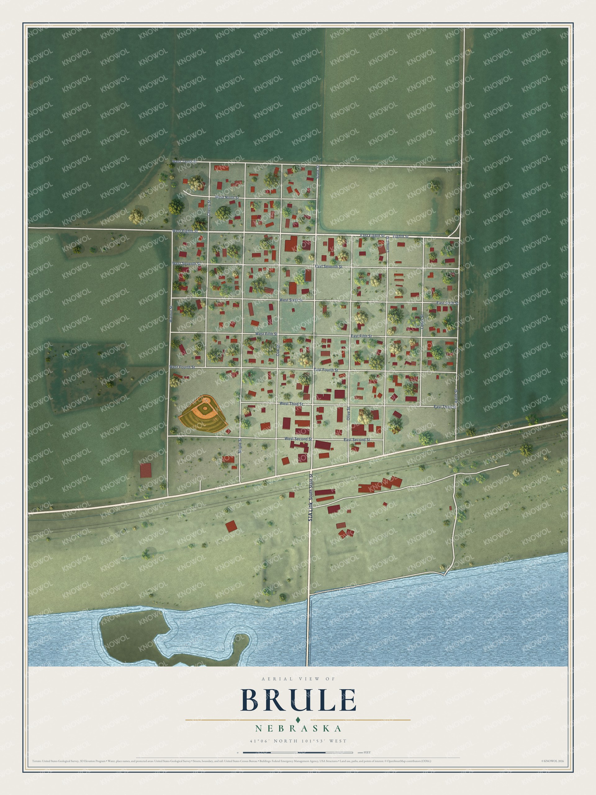 Full map of Brule, Nebraska, with red buildings, printed street names and the land around them