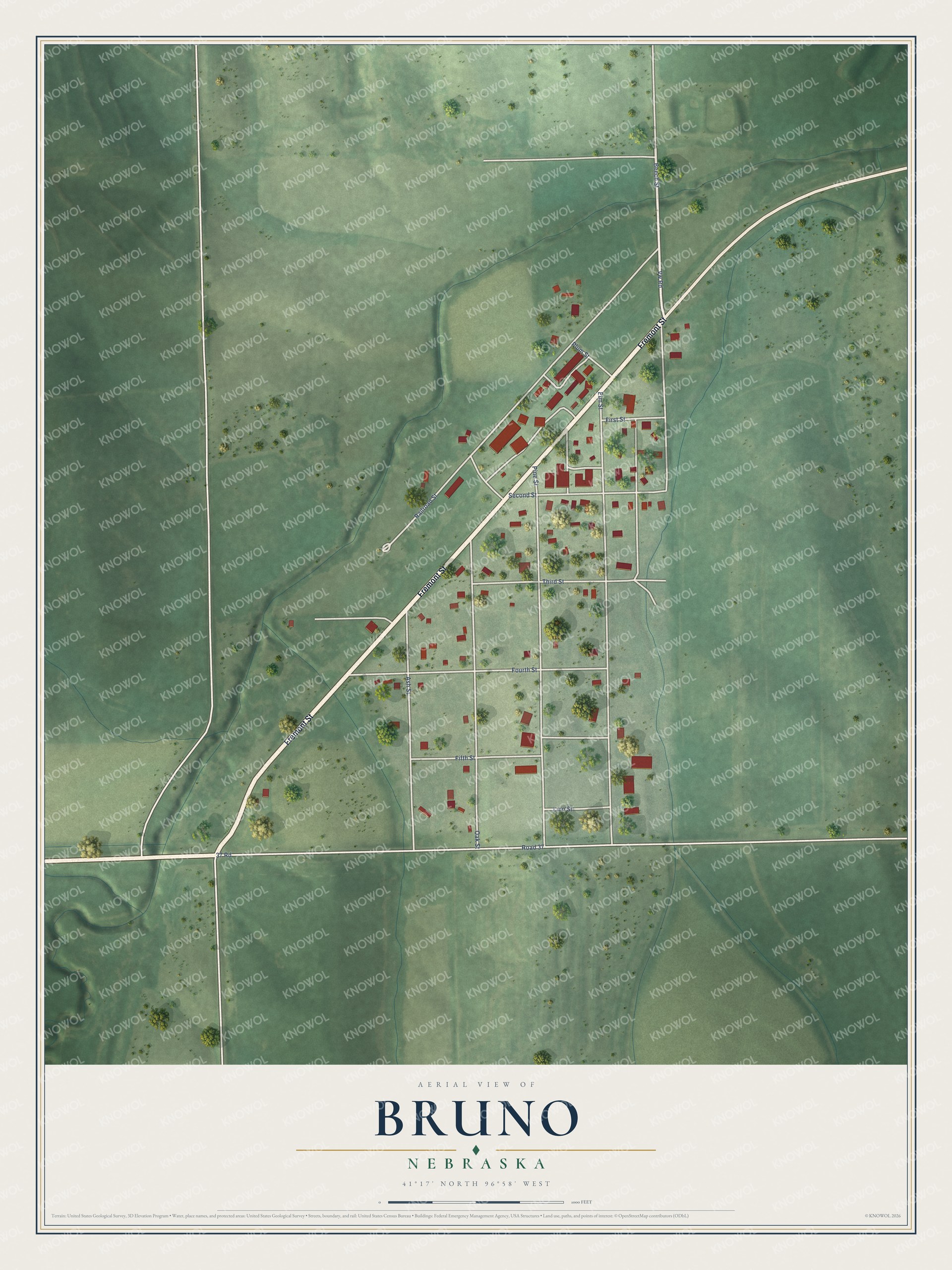 Full map of Bruno, Nebraska, with red buildings, printed street names and the land around them