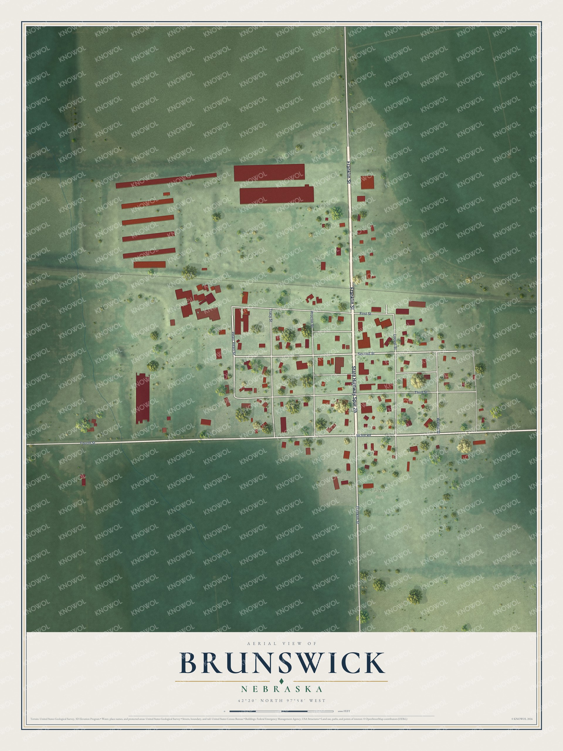 Full map of Brunswick, Nebraska, with red buildings, printed street names and the land around them