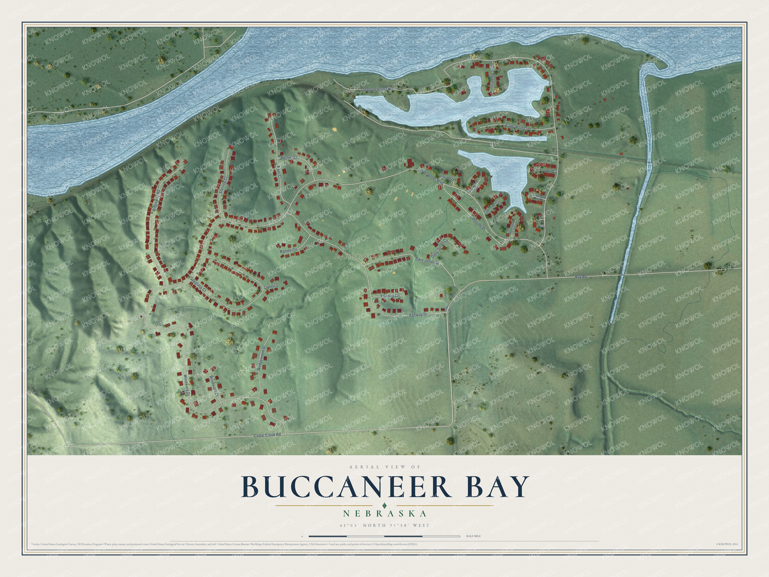 Full map of Buccaneer Bay, Nebraska, with red buildings, printed street names and the land around them