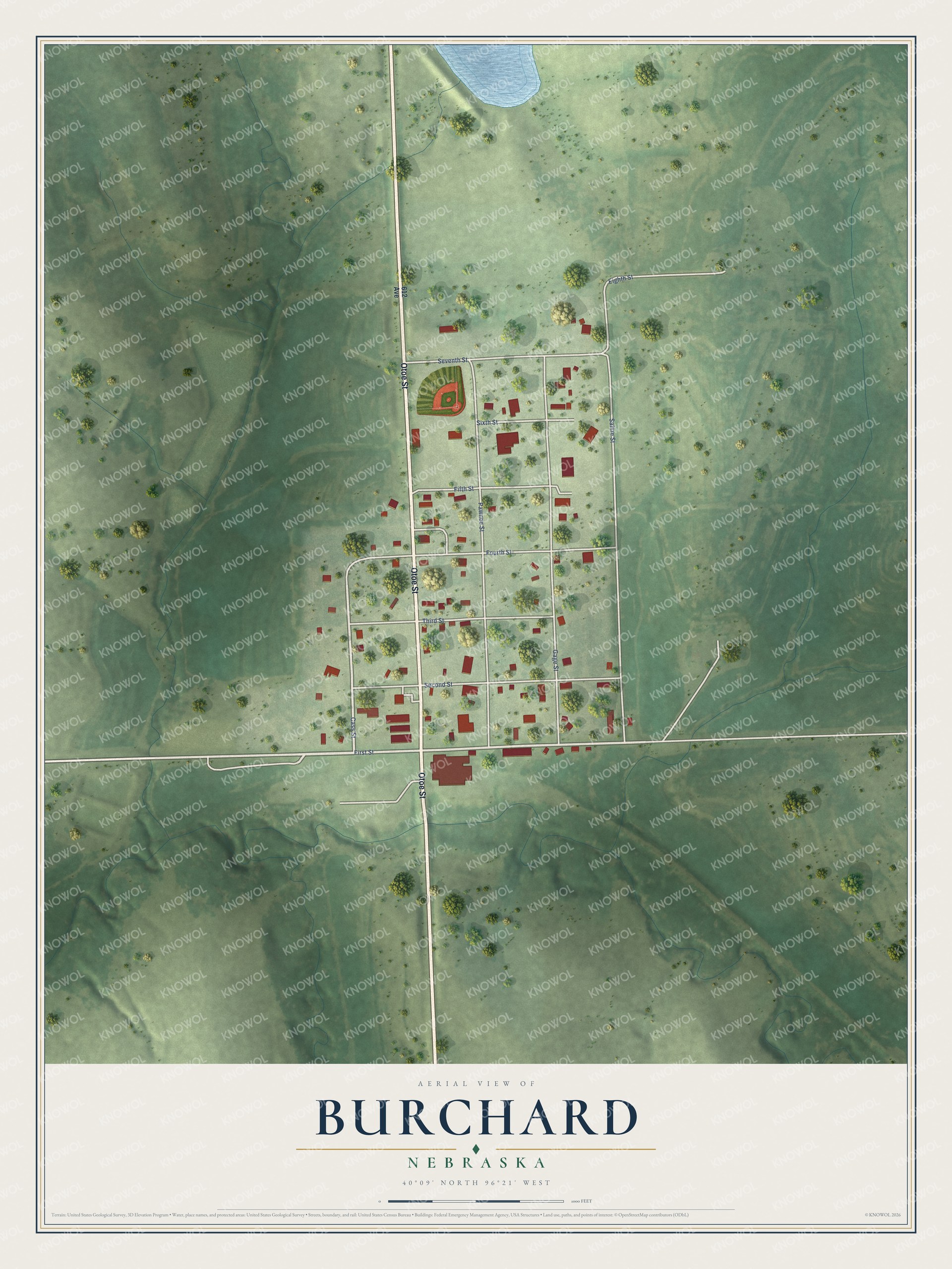 Full map of Burchard, Nebraska, with red buildings, printed street names and the land around them