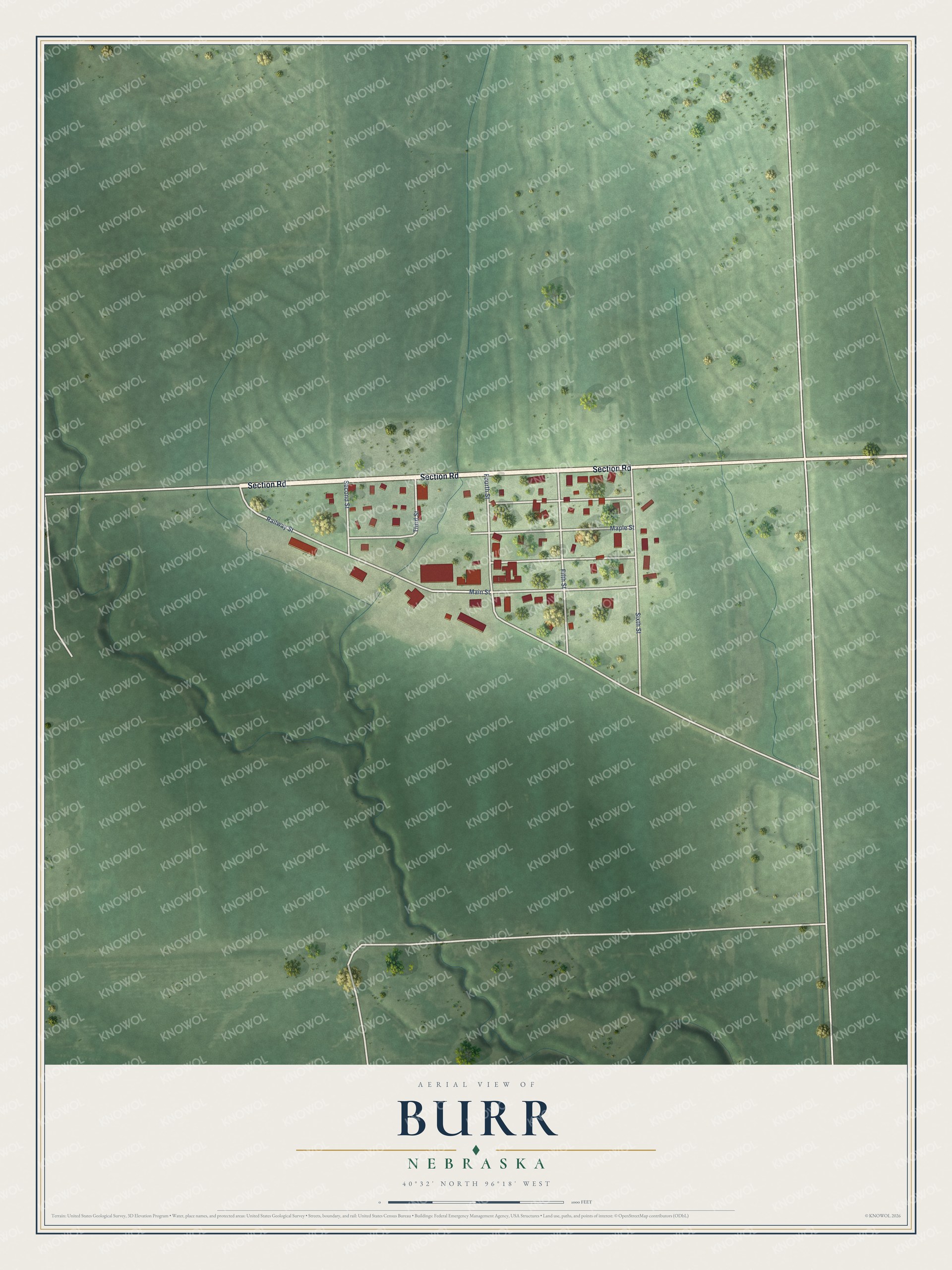 Full map of Burr, Nebraska, with red buildings, printed street names and the land around them