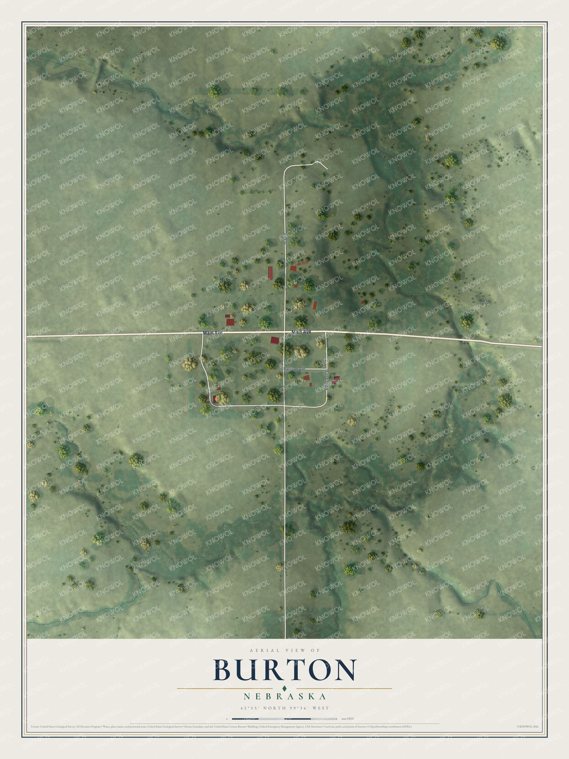 Full map of Burton, Nebraska, with red buildings, printed street names and the land around them