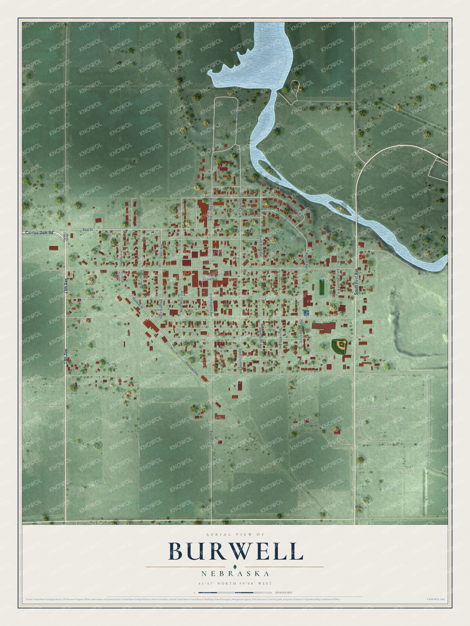 Full map of Burwell, Nebraska, with red buildings, printed street names and the land around them