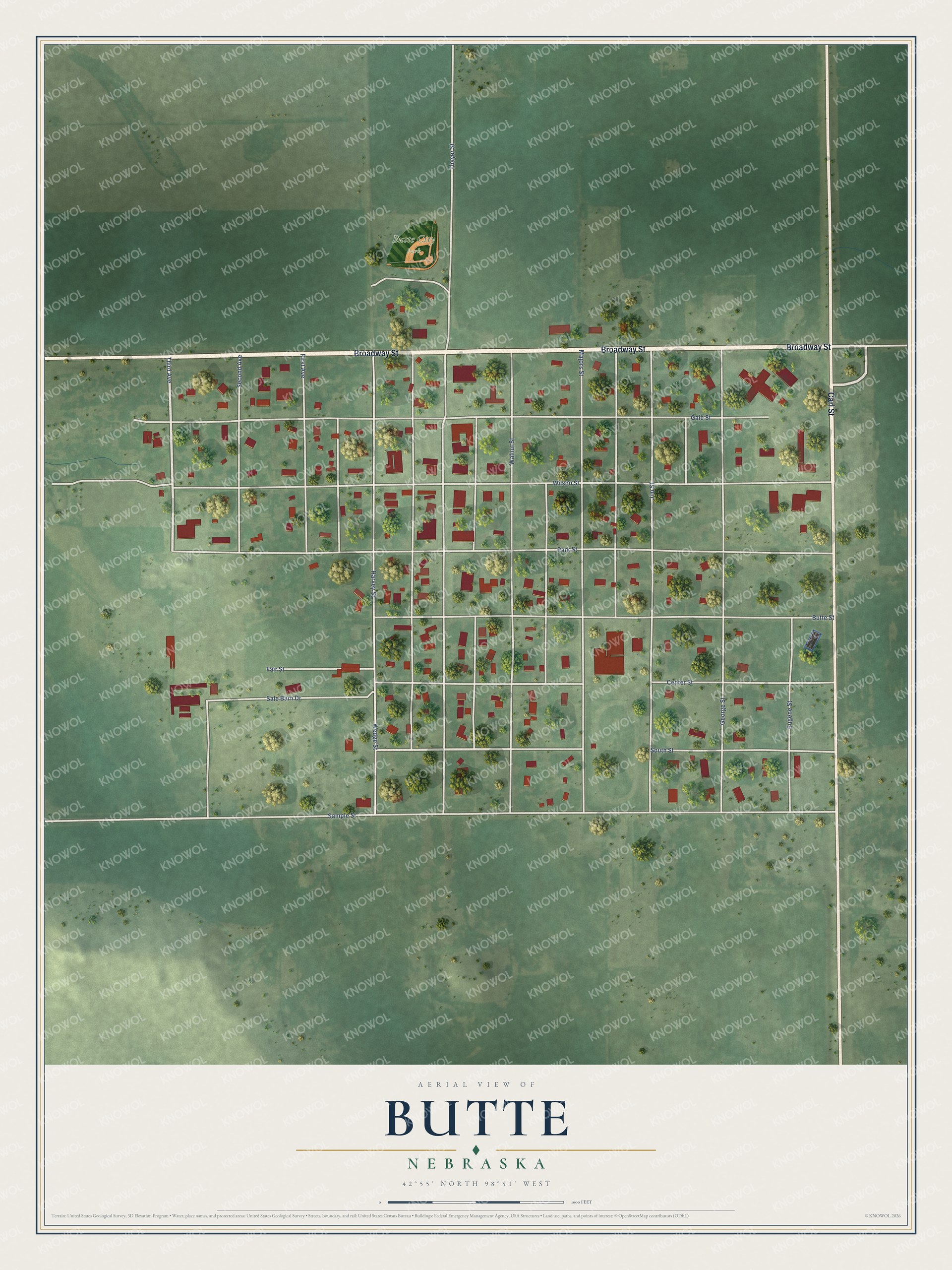 Full map of Butte, Nebraska, with red buildings, printed street names and the land around them
