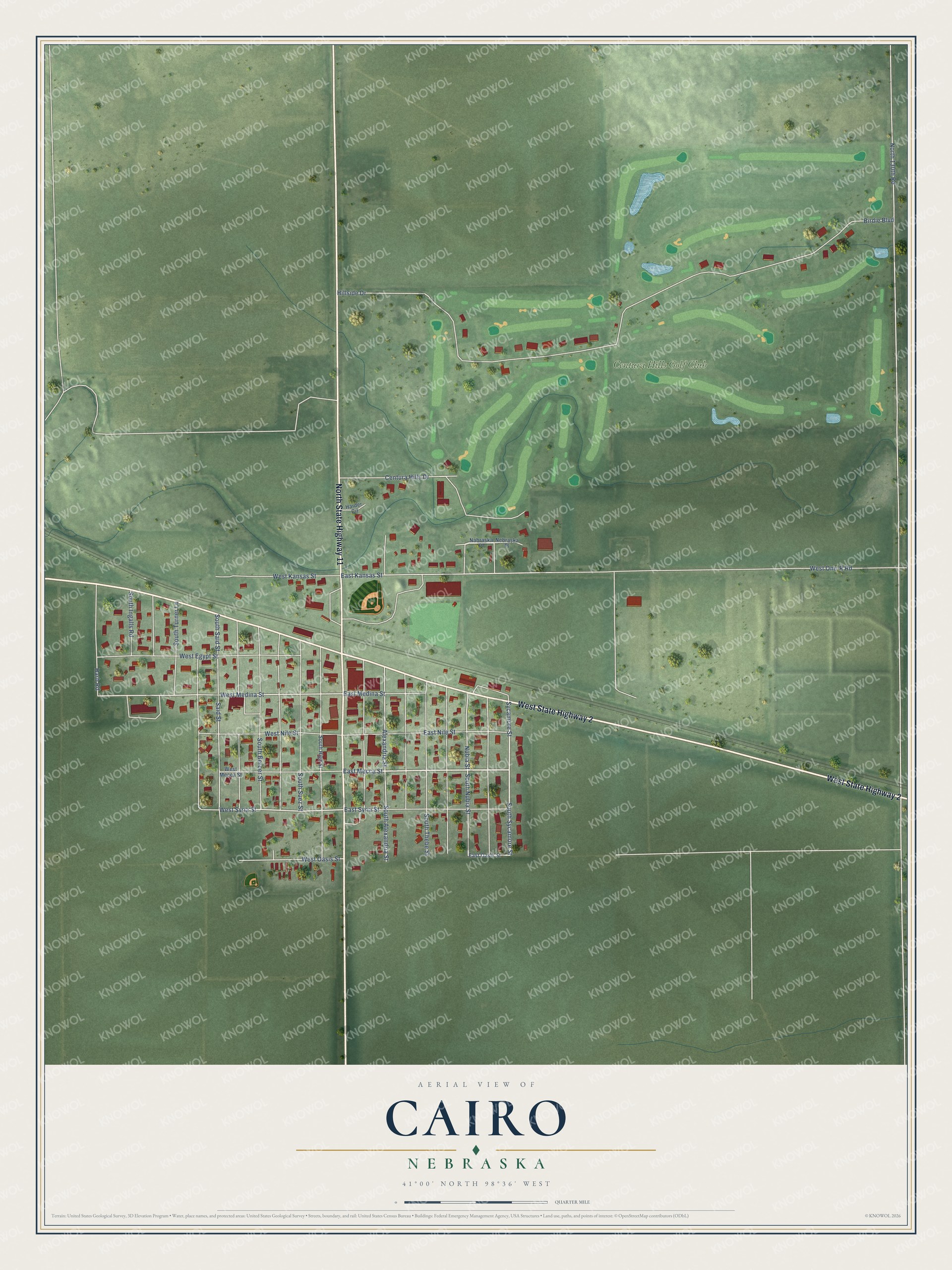 Full map of Cairo, Nebraska, with red buildings, printed street names and the land around them