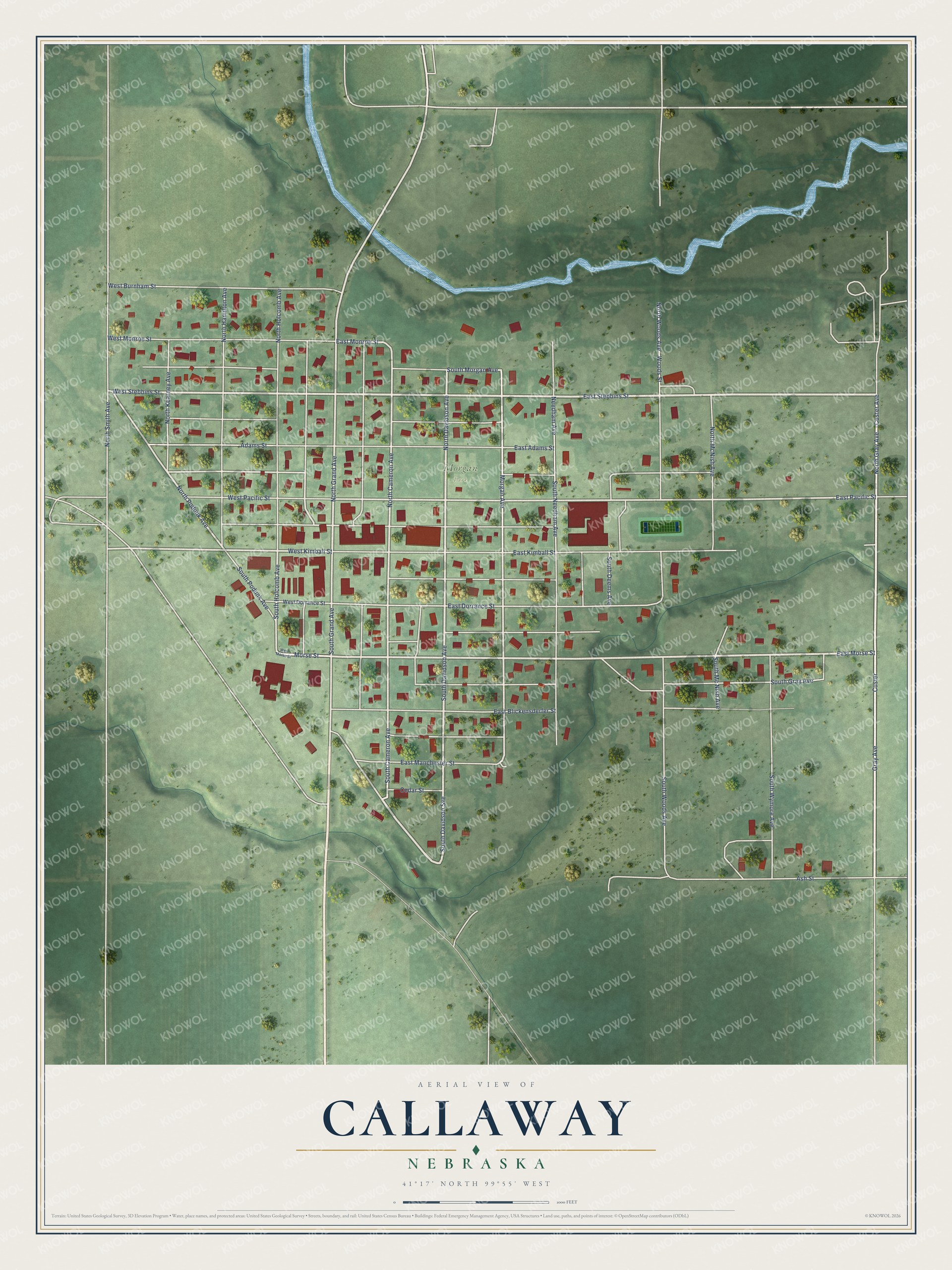 Full map of Callaway, Nebraska, with red buildings, printed street names and the land around them