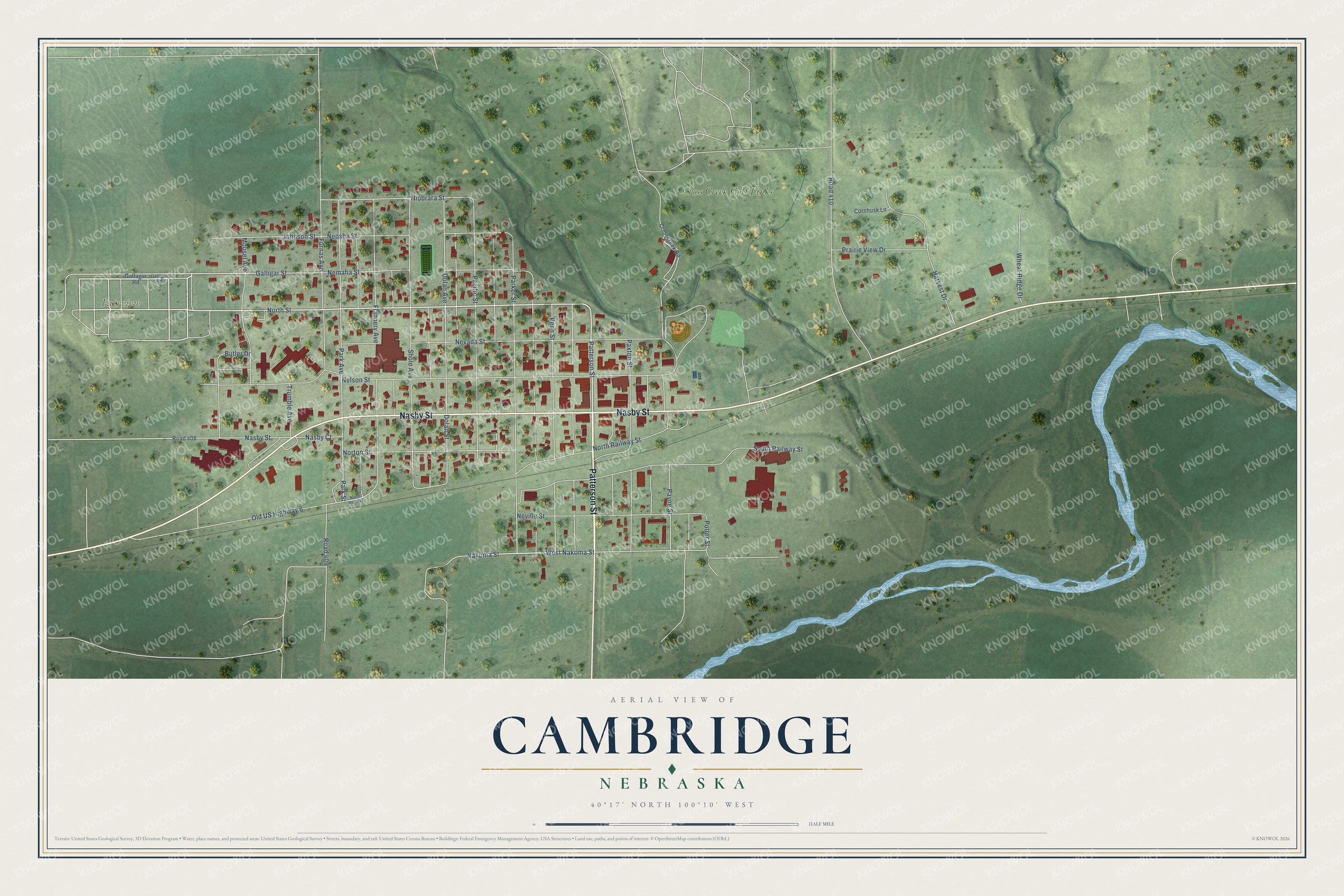 Full map of Cambridge, Nebraska, with red buildings, printed street names and the land around them