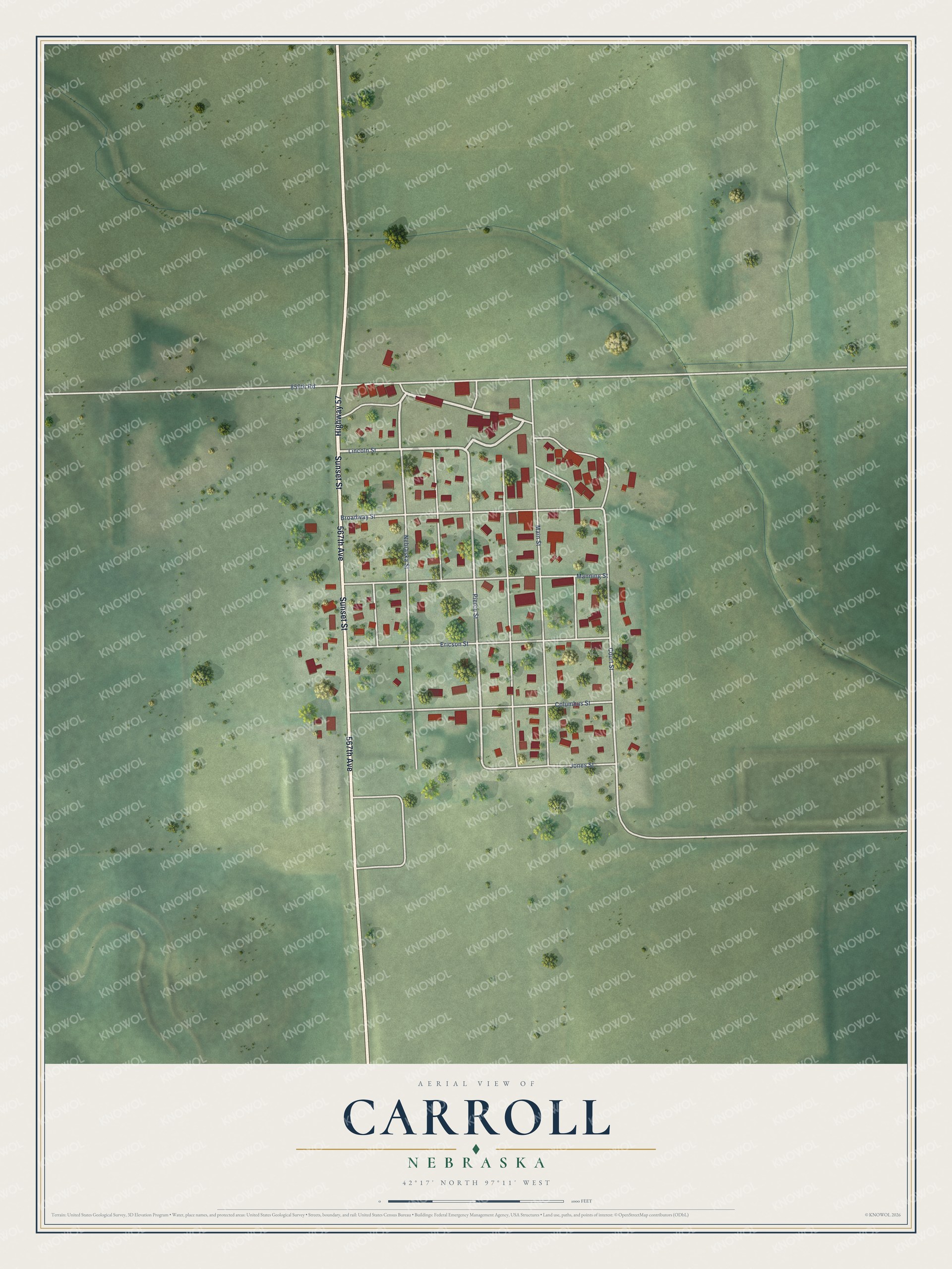 Full map of Carroll, Nebraska, with red buildings, printed street names and the land around them