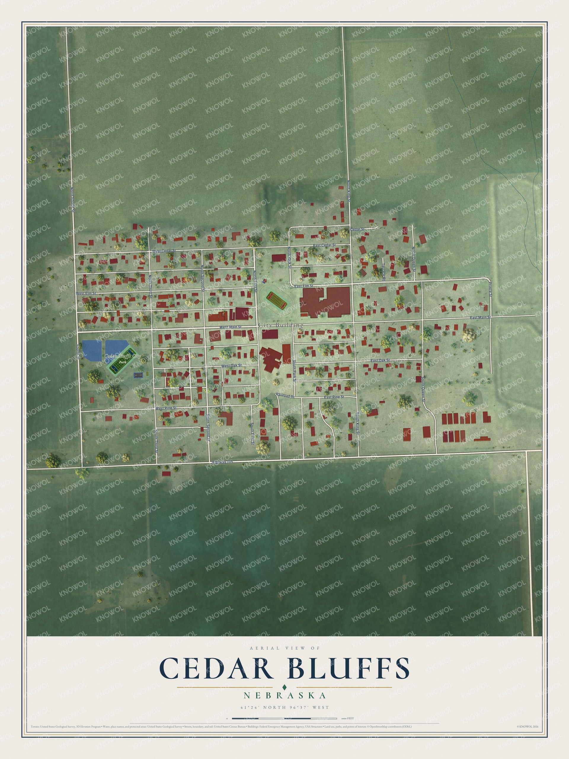 Full map of Cedar Bluffs, Nebraska, with red buildings, printed street names and the land around them