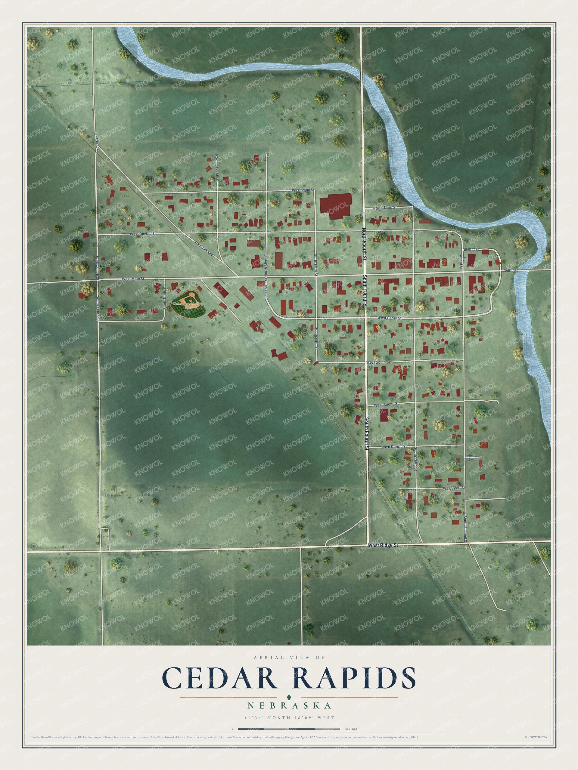 Full map of Cedar Rapids, Nebraska, with red buildings, printed street names and the land around them