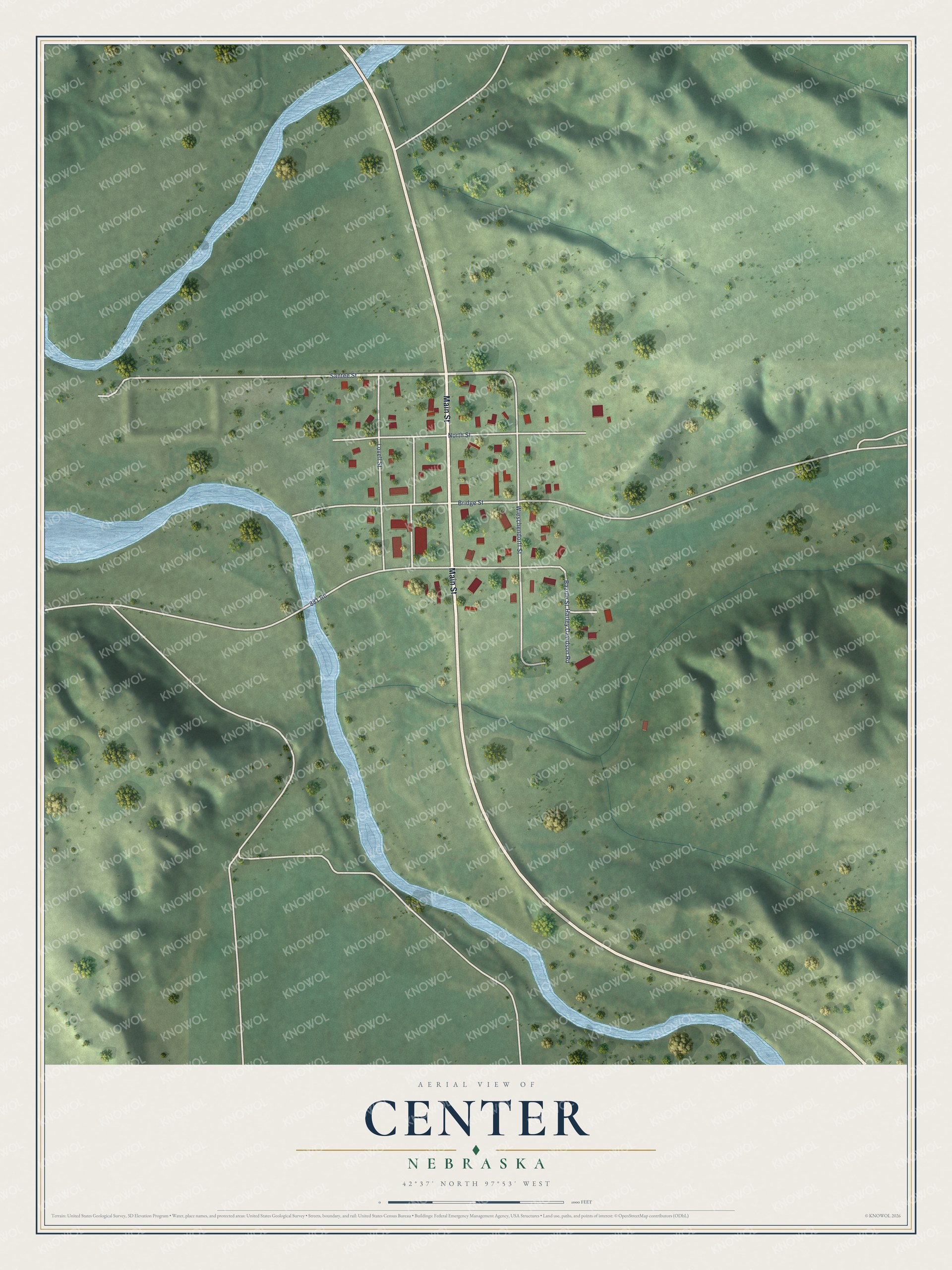 Full map of Center, Nebraska, with red buildings, printed street names and the land around them