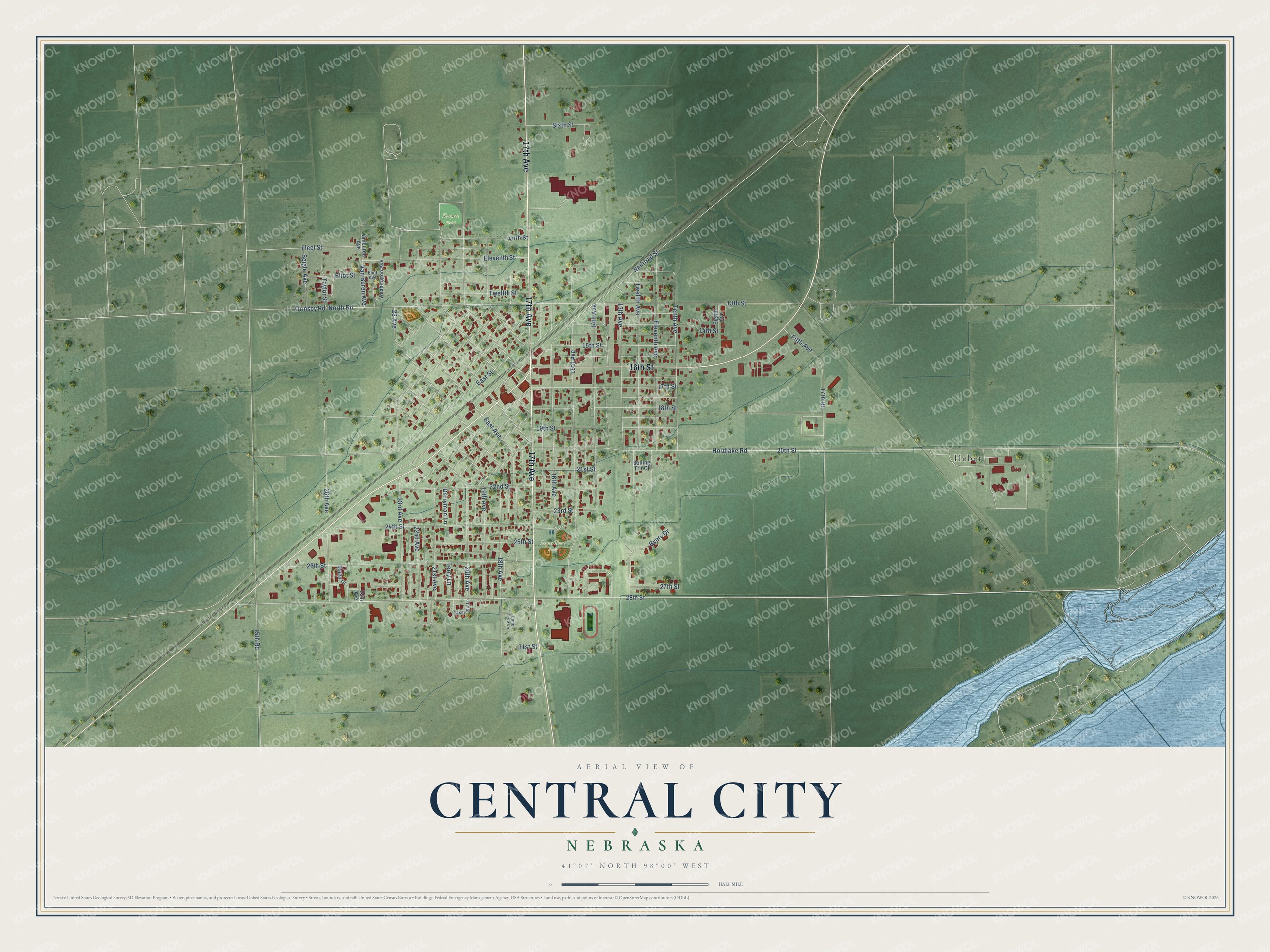 Full map of Central City, Nebraska, with red buildings, printed street names and the land around them