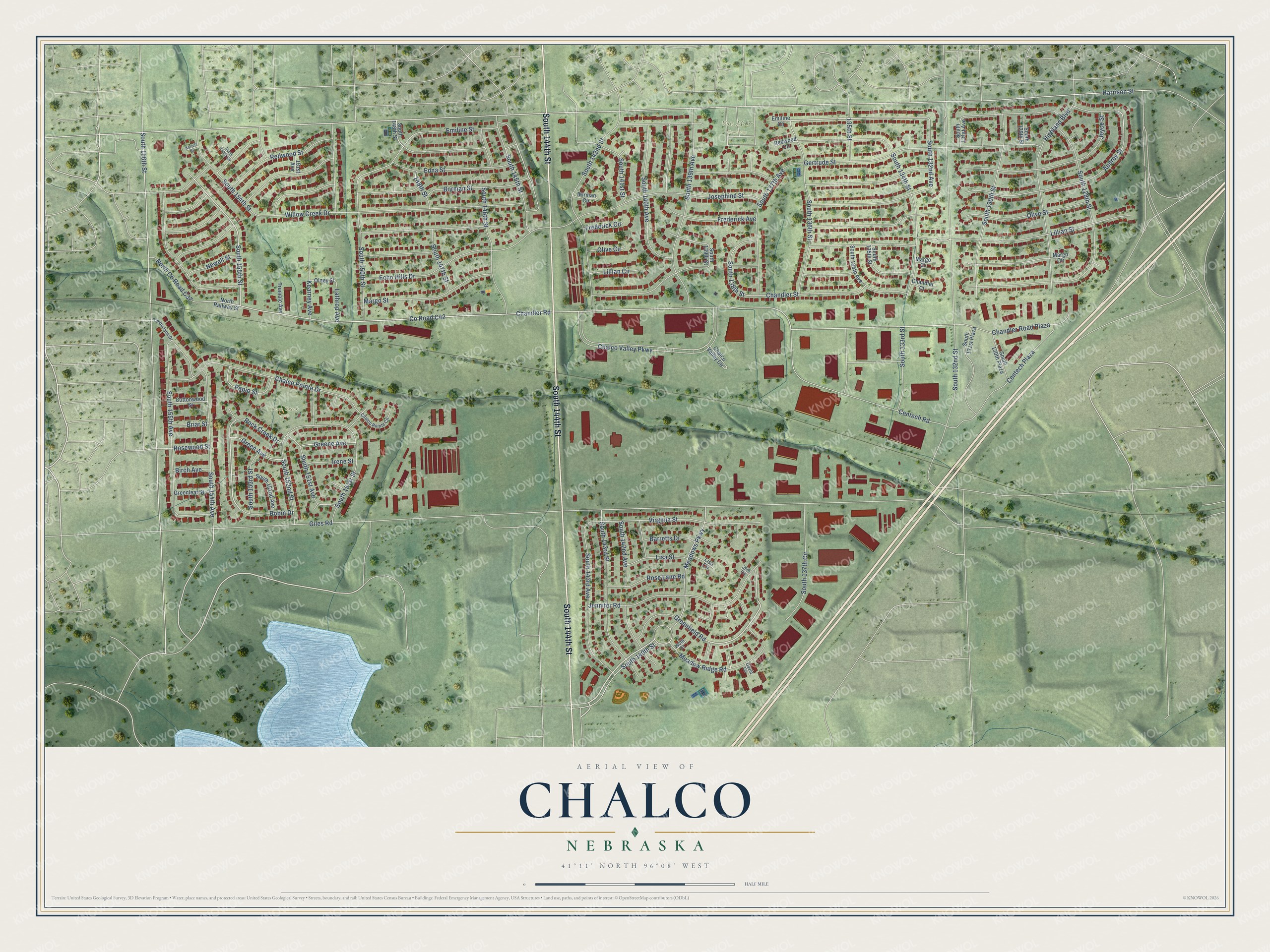Full map of Chalco, Nebraska, with red buildings, printed street names and the land around them