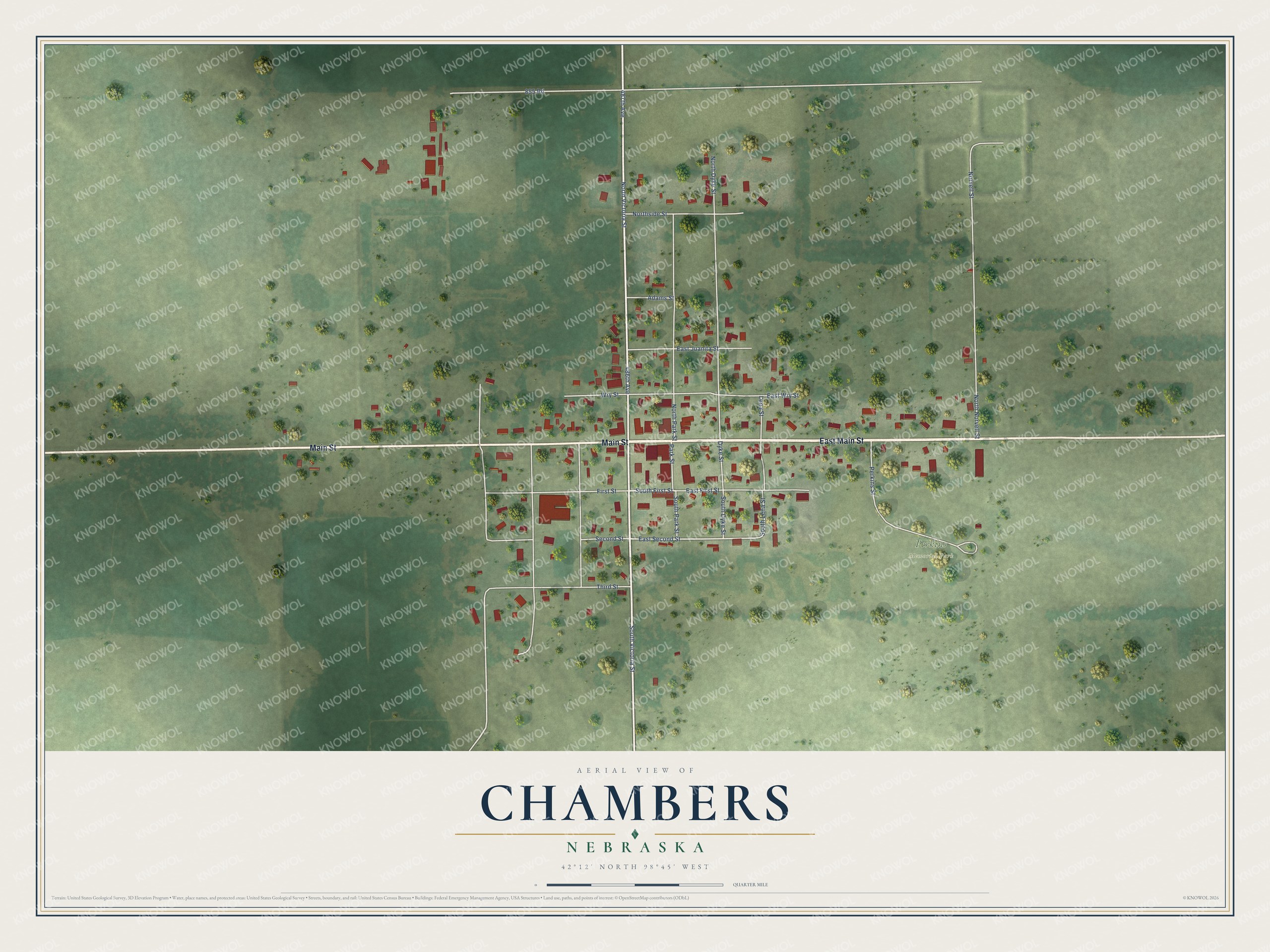 Full map of Chambers, Nebraska, with red buildings, printed street names and the land around them