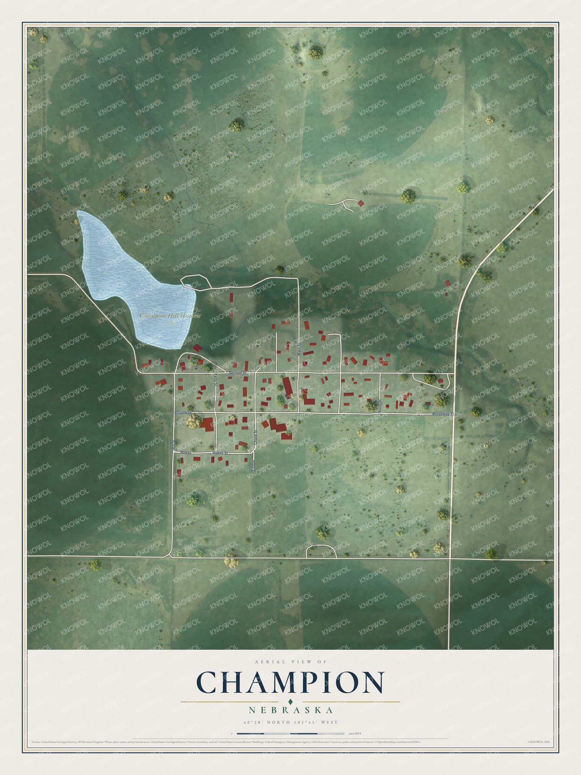 Full map of Champion, Nebraska, with red buildings, printed street names and the land around them