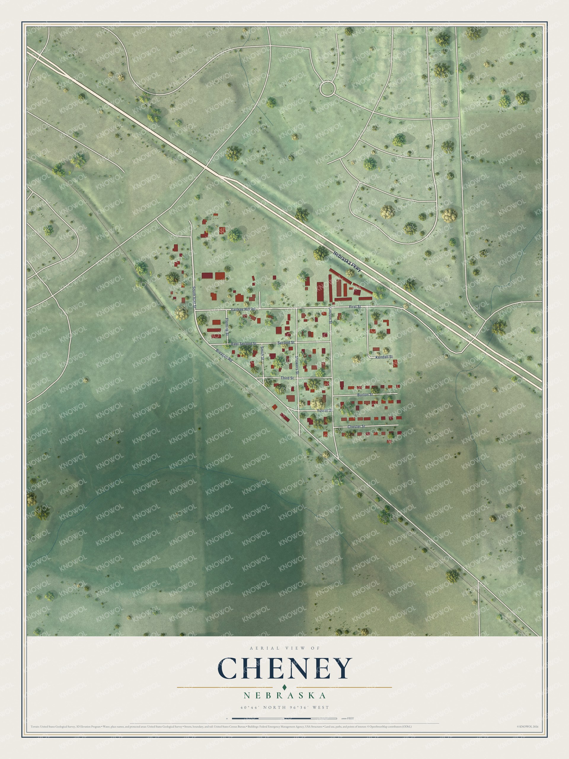 Full map of Cheney, Nebraska, with red buildings, printed street names and the land around them