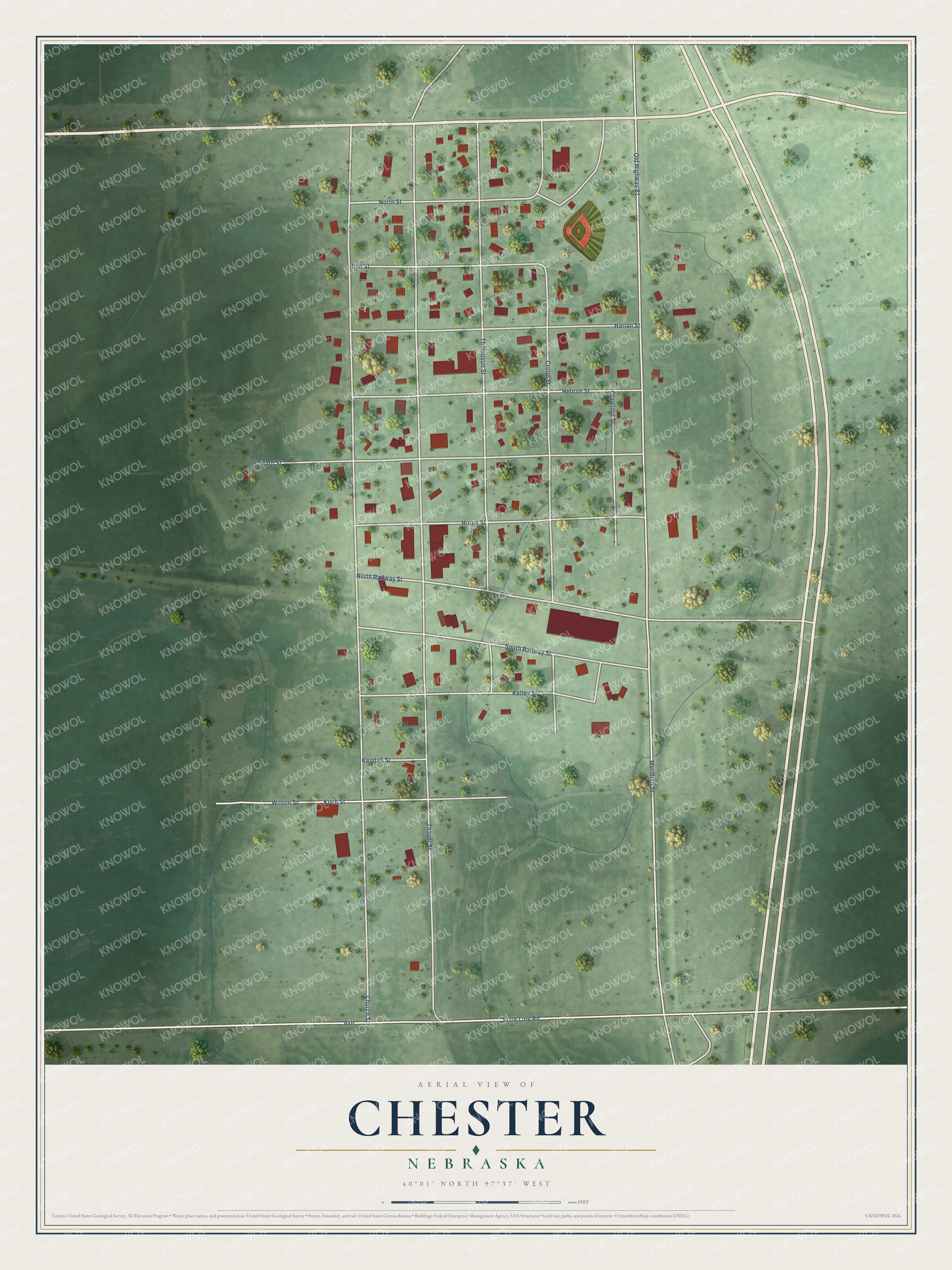 Full map of Chester, Nebraska, with red buildings, printed street names and the land around them