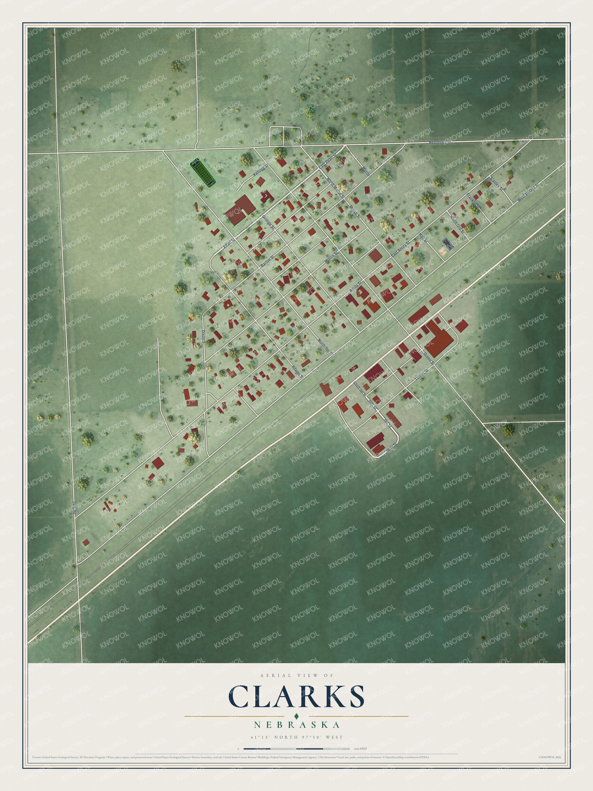 Full map of Clarks, Nebraska, with red buildings, printed street names and the land around them