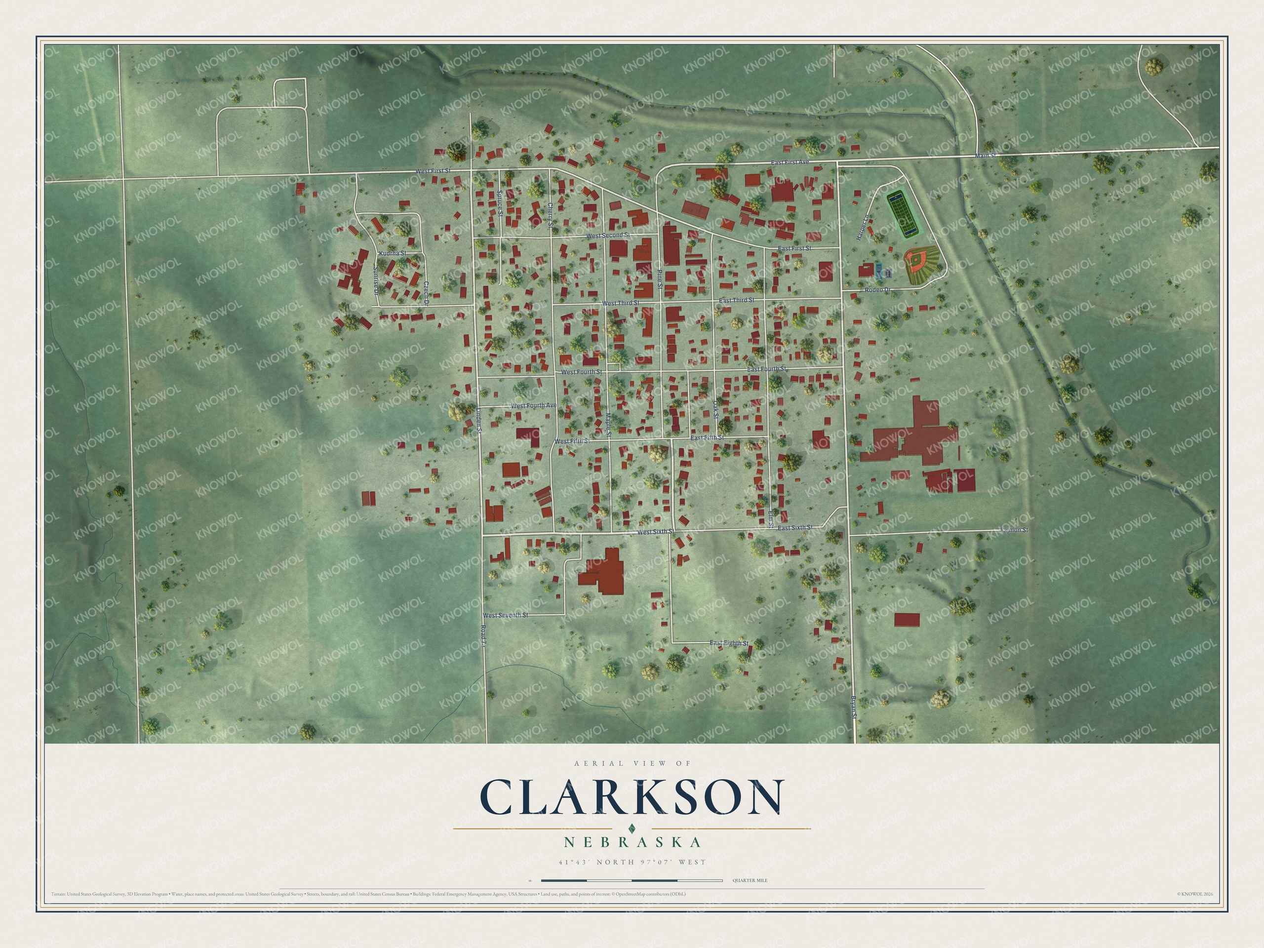 Full map of Clarkson, Nebraska, with red buildings, printed street names and the land around them