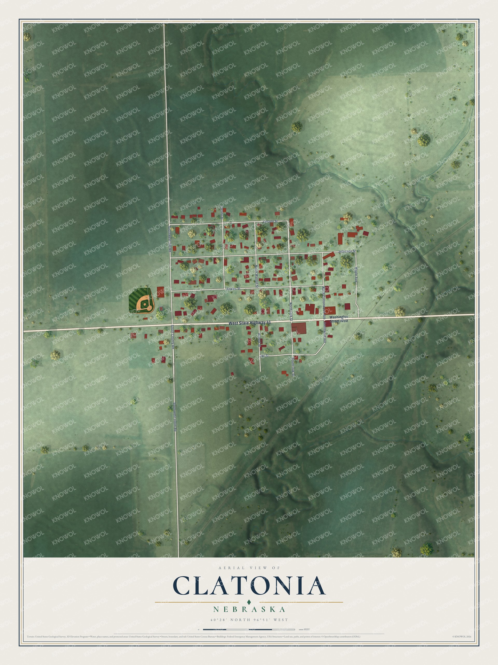 Full map of Clatonia, Nebraska, with red buildings, printed street names and the land around them