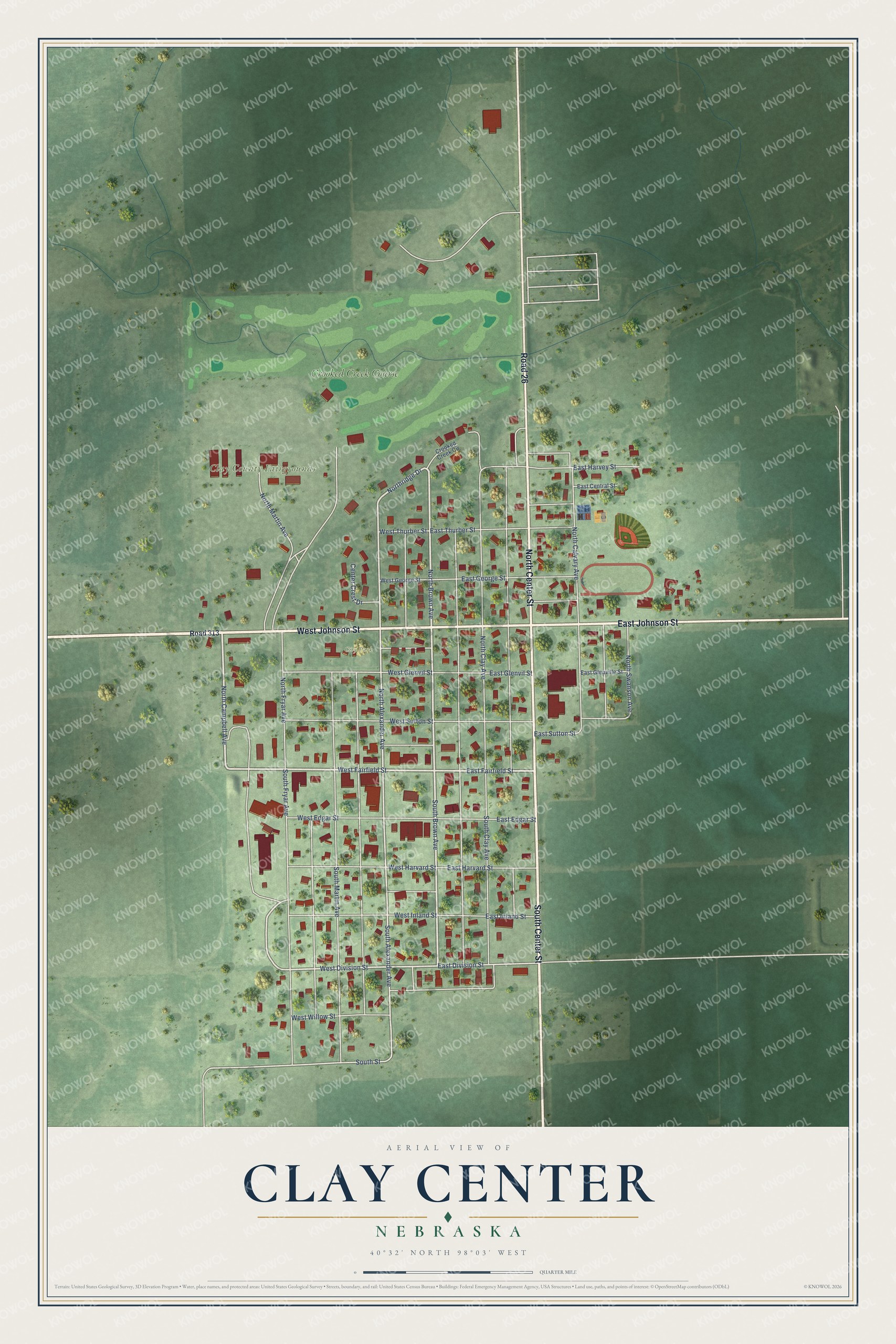 Full map of Clay Center, Nebraska, with red buildings, printed street names and the land around them