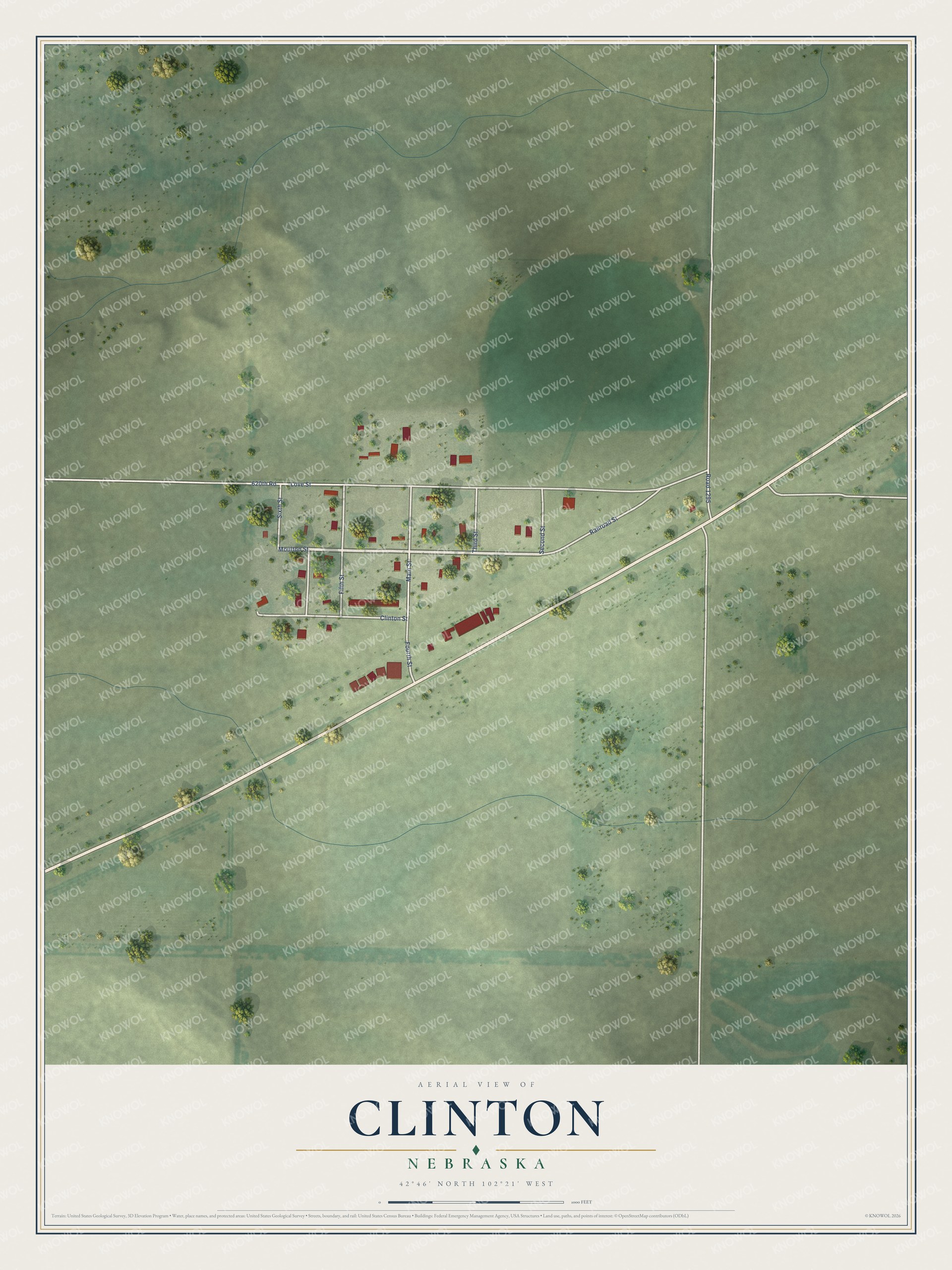 Full map of Clinton, Nebraska, with red buildings, printed street names and the land around them
