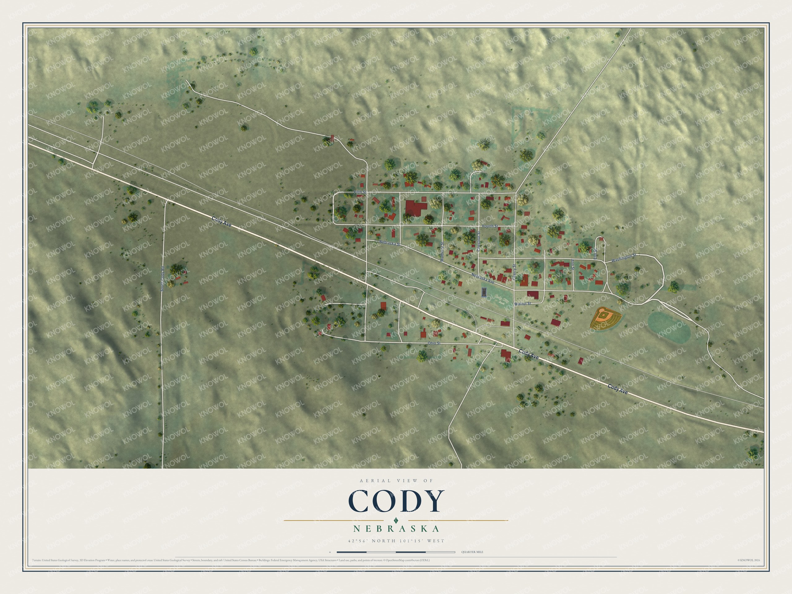 Full map of Cody, Nebraska, with red buildings, printed street names and the land around them