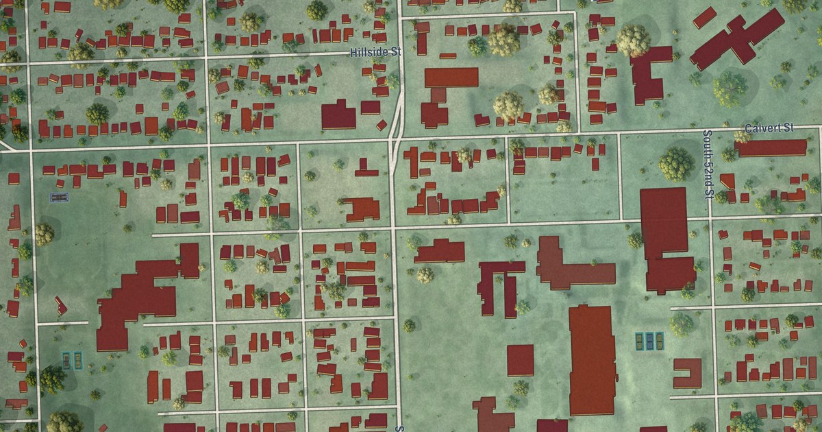 Close-up of streets and buildings in College View, Nebraska