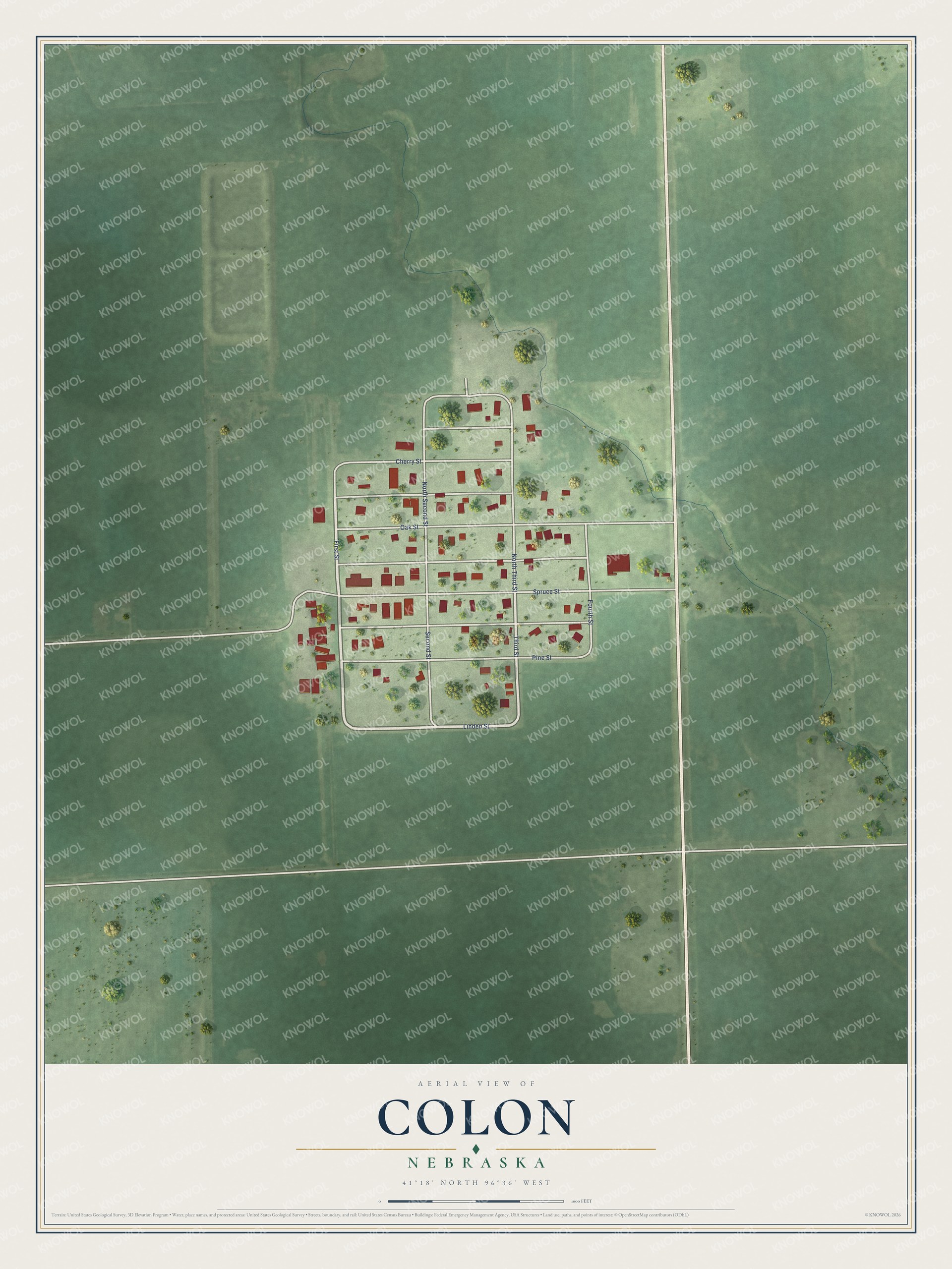 Full map of Colon, Nebraska, with red buildings, printed street names and the land around them