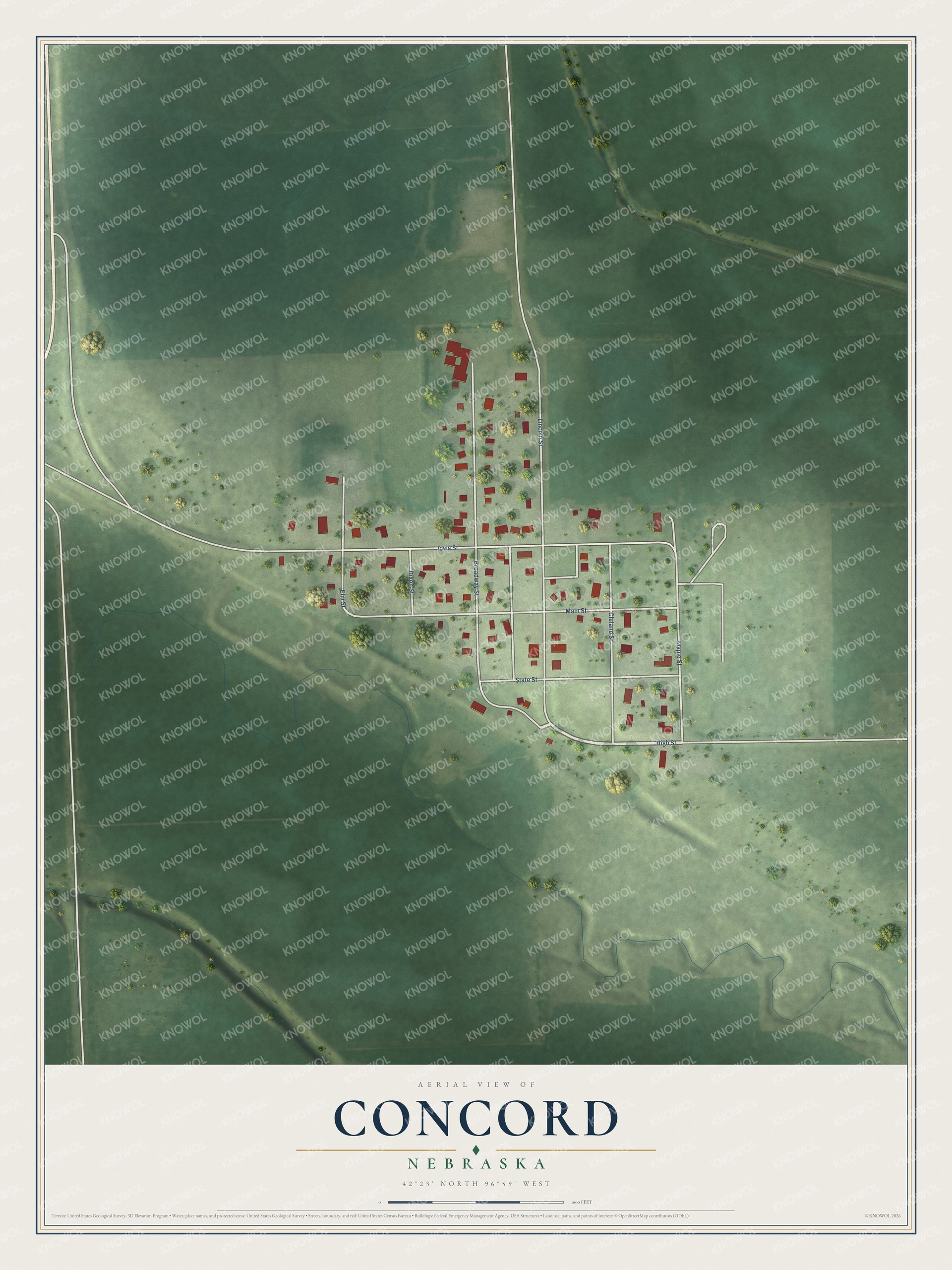 Full map of Concord, Nebraska, with red buildings, printed street names and the land around them
