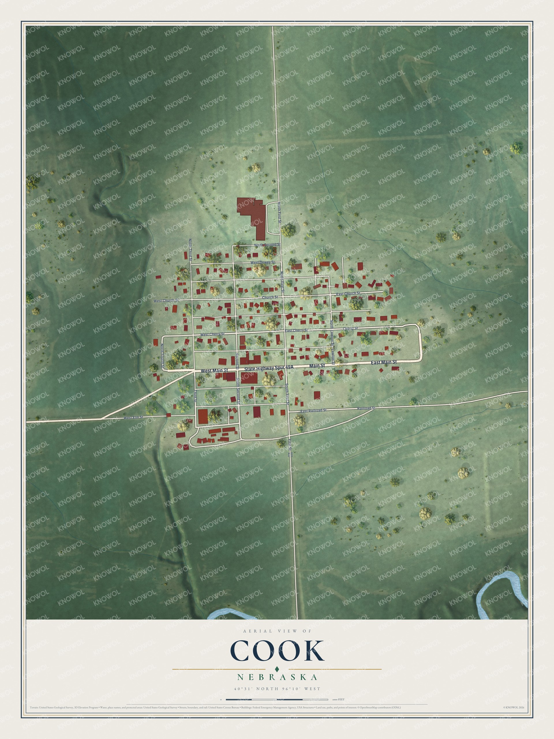 Full map of Cook, Nebraska, with red buildings, printed street names and the land around them