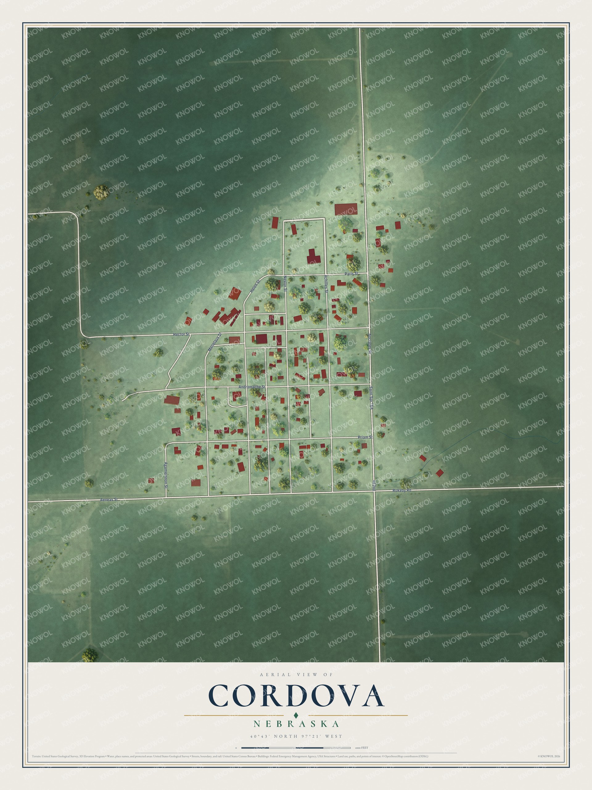 Full map of Cordova, Nebraska, with red buildings, printed street names and the land around them