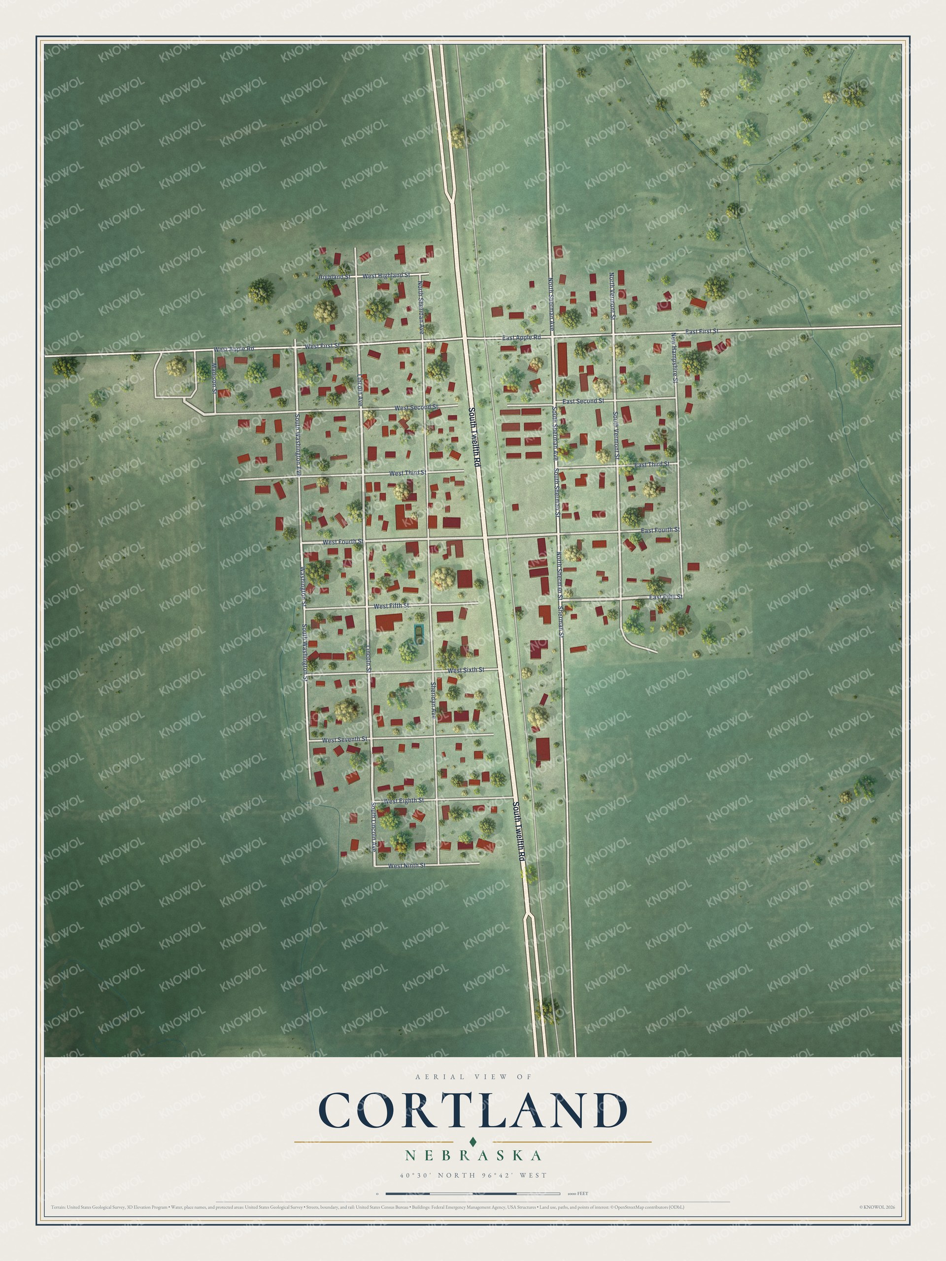 Full map of Cortland, Nebraska, with red buildings, printed street names and the land around them