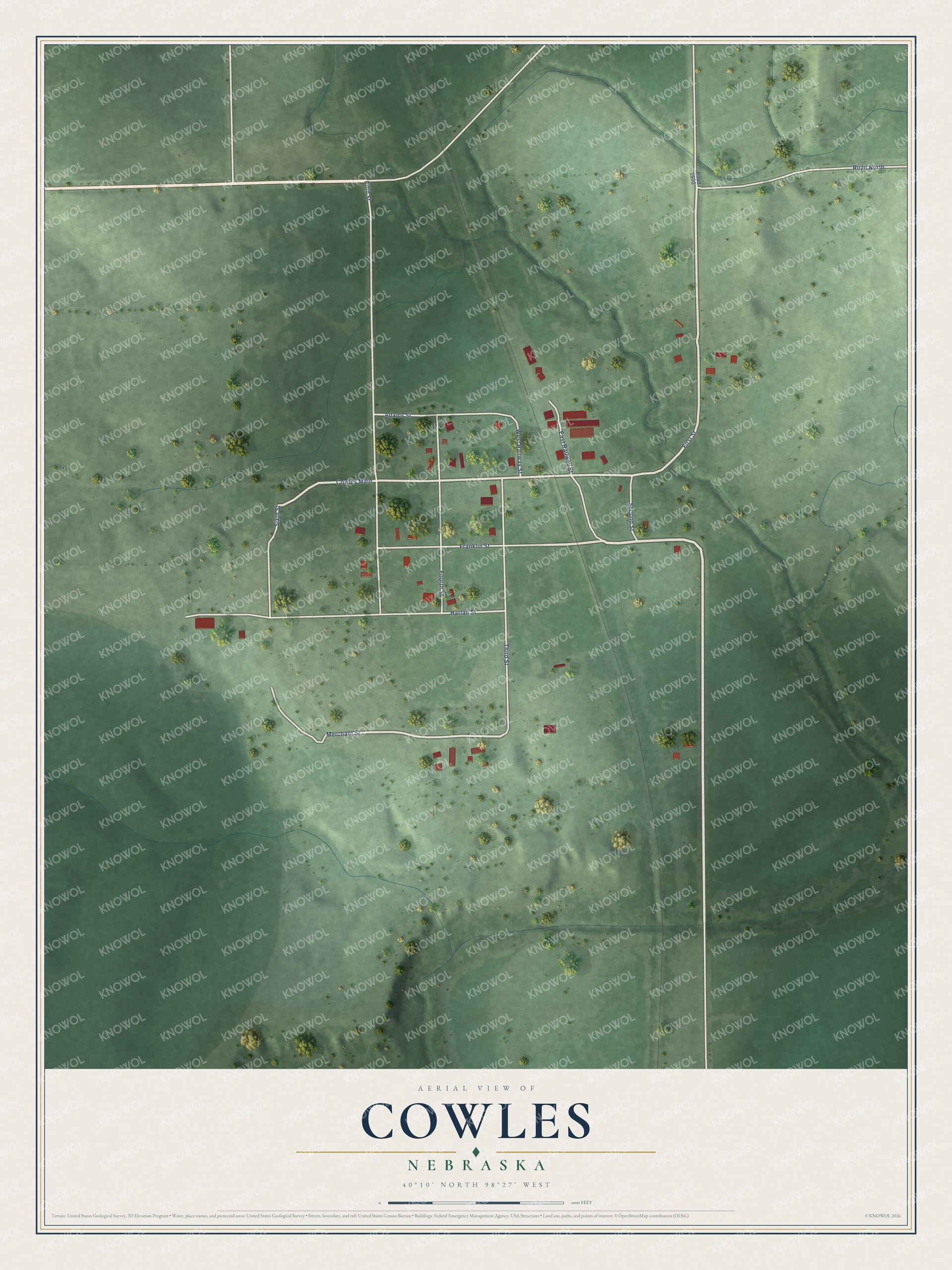 Full map of Cowles, Nebraska, with red buildings, printed street names and the land around them