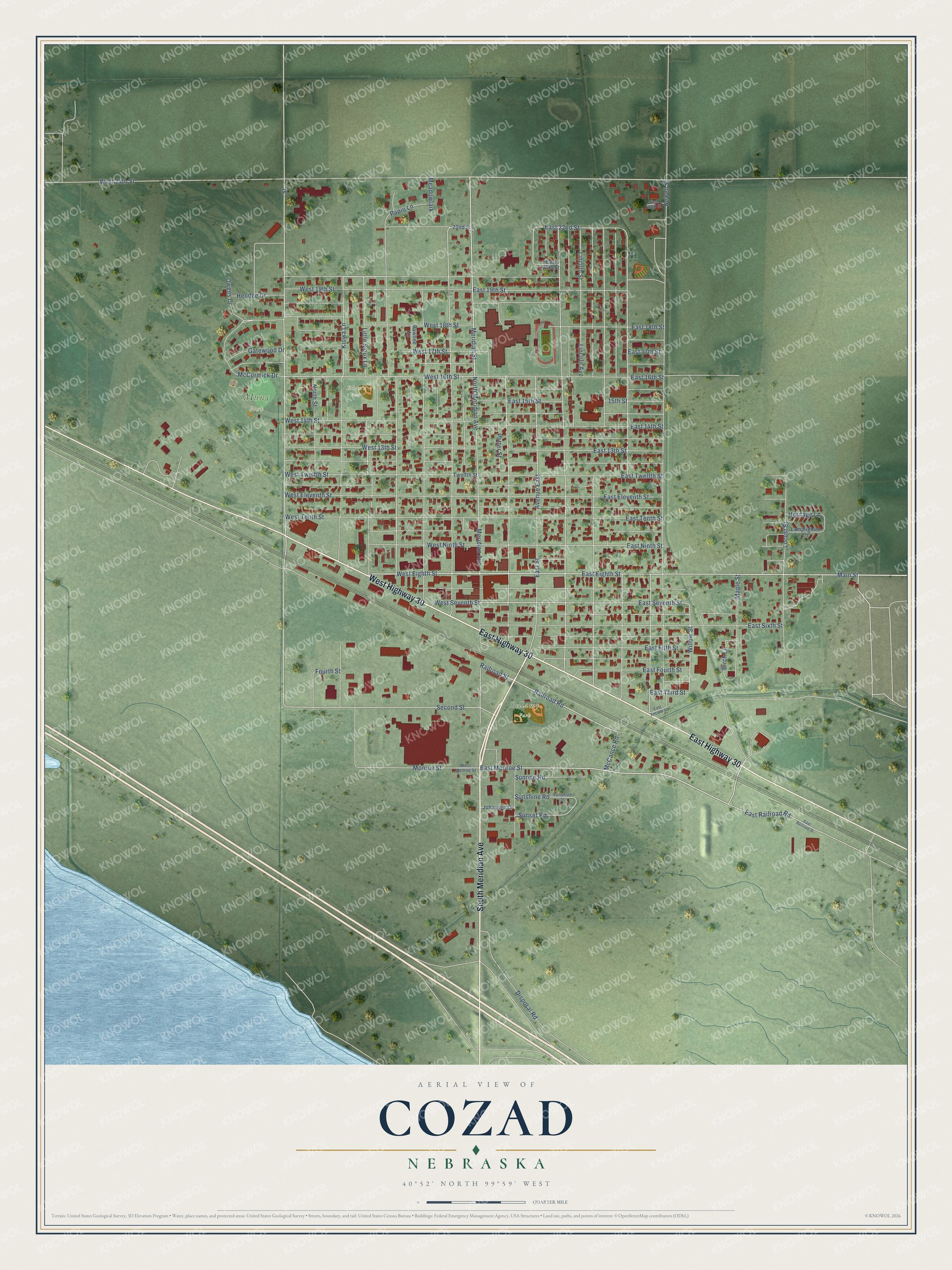 Full map of Cozad, Nebraska, with red buildings, printed street names and the land around them