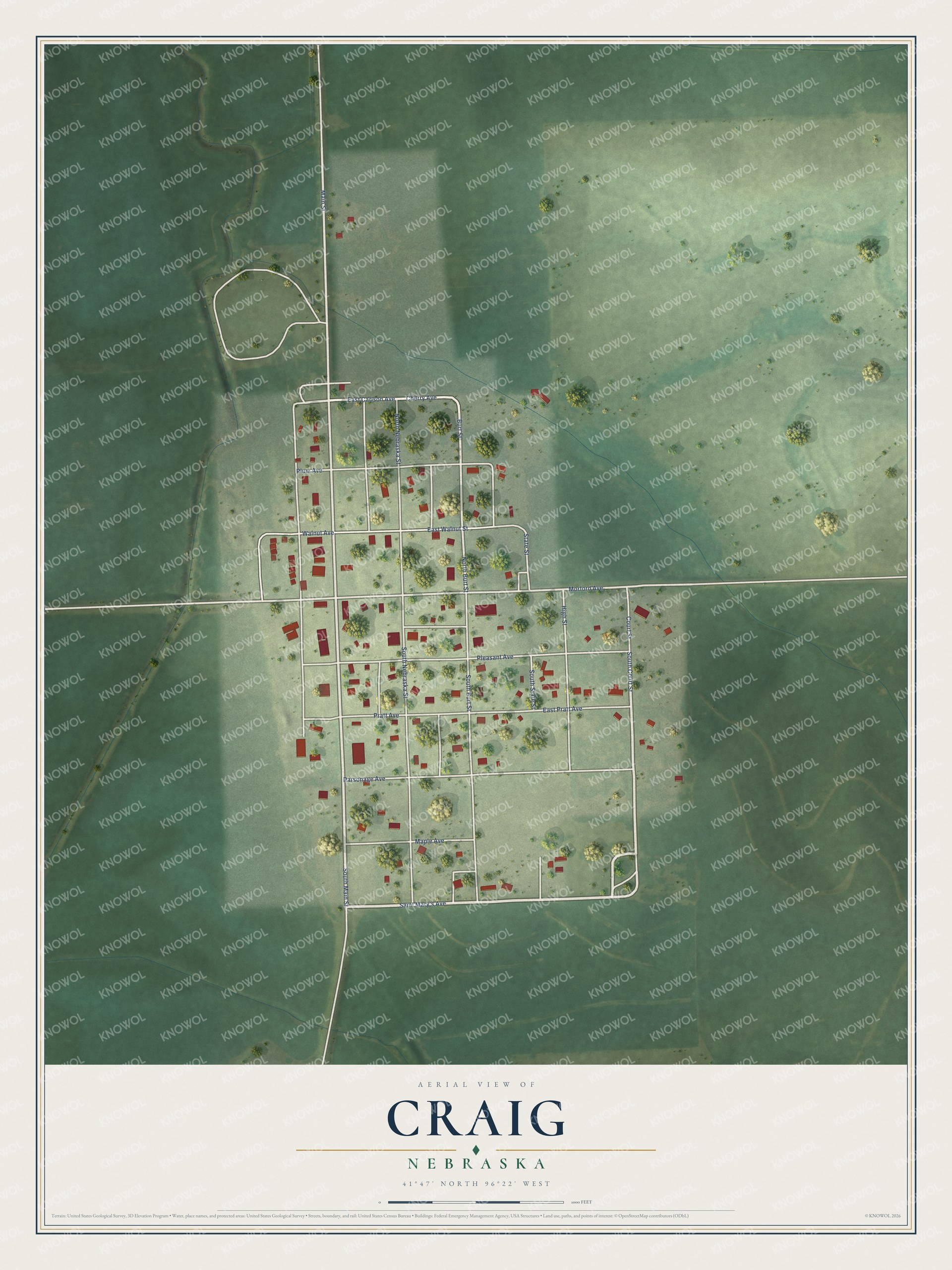 Full map of Craig, Nebraska, with red buildings, printed street names and the land around them