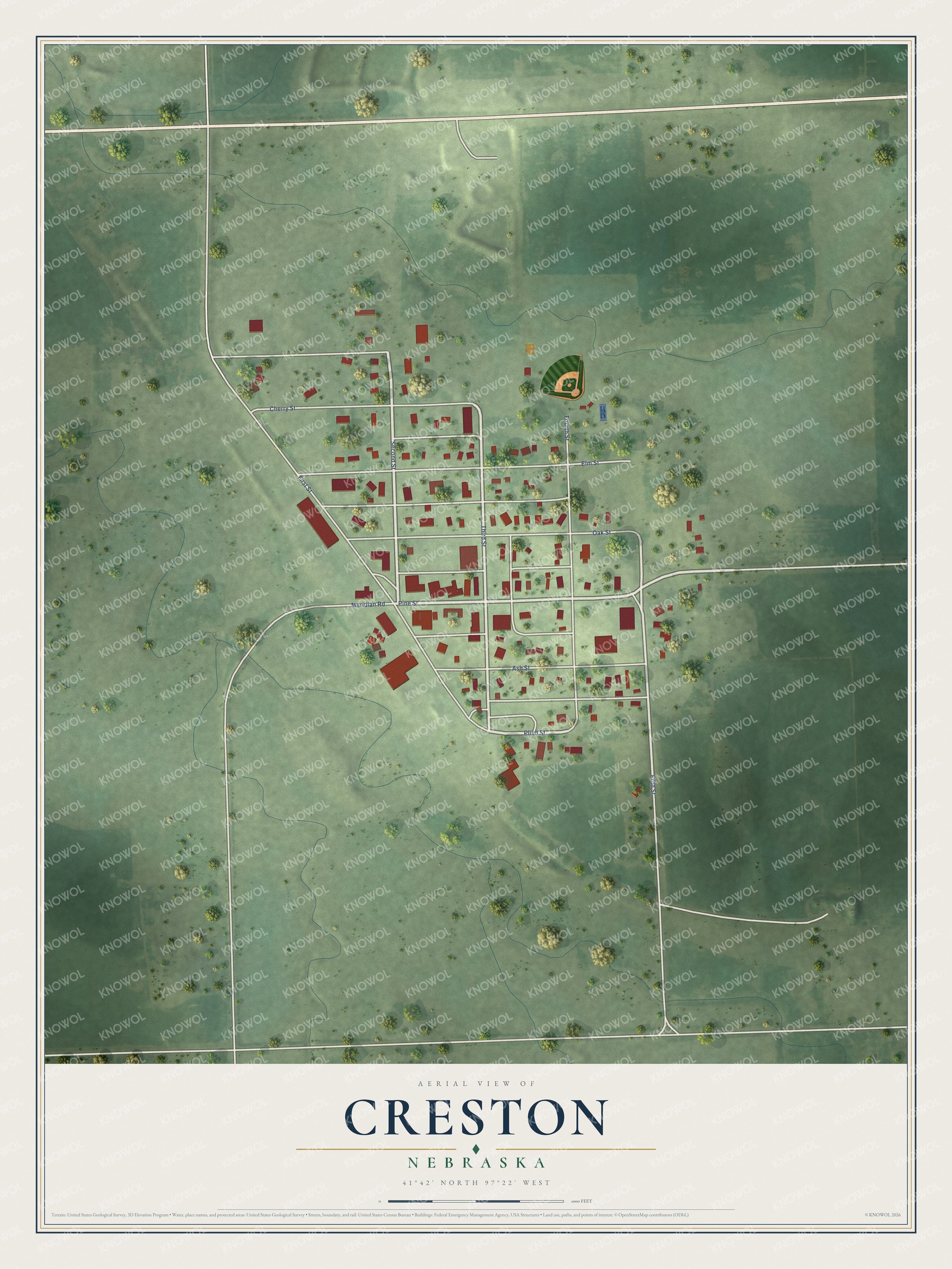 Full map of Creston, Nebraska, with red buildings, printed street names and the land around them