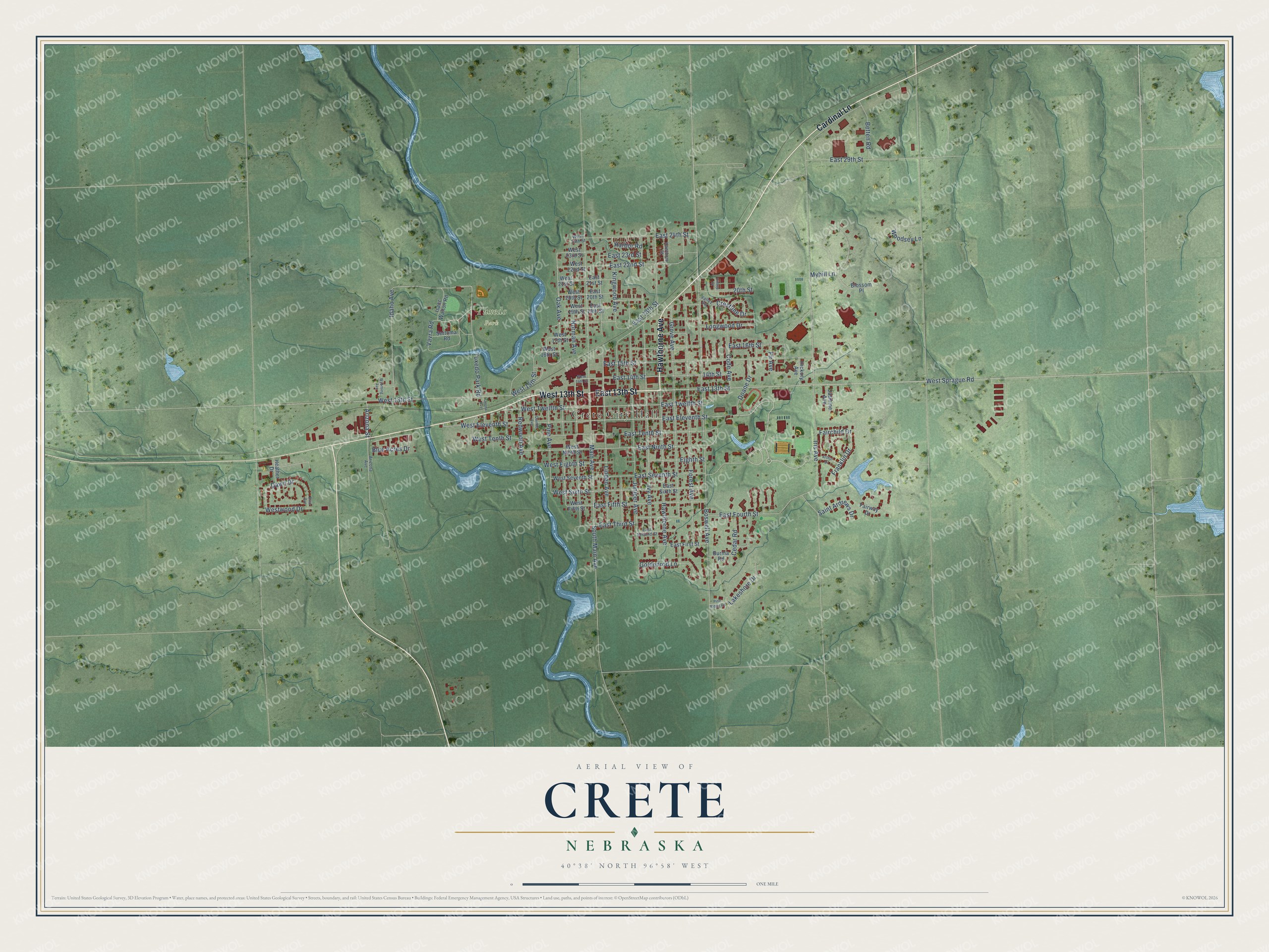 Full map of Crete, Nebraska, with red buildings, printed street names and the land around them
