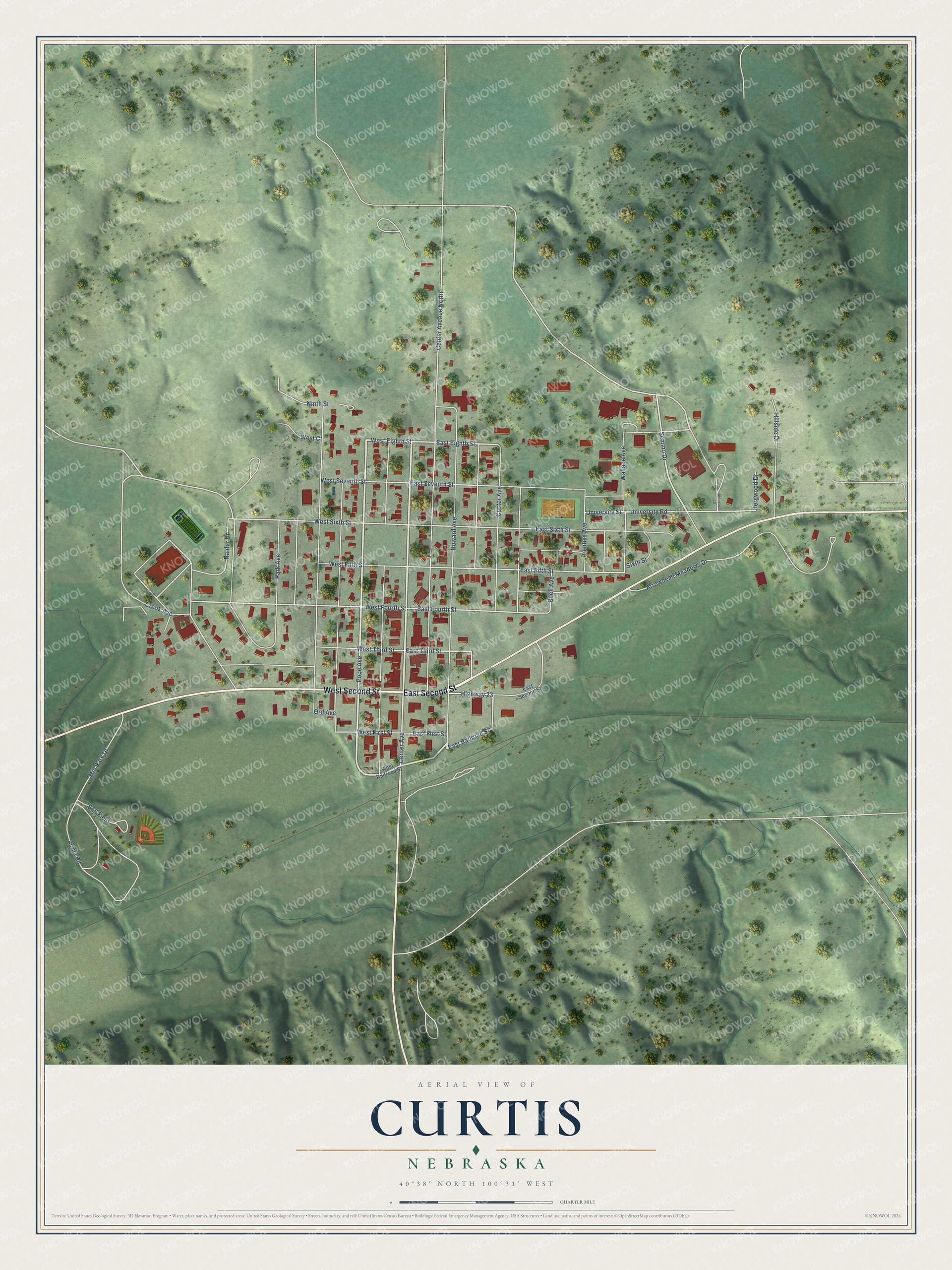 Full map of Curtis, Nebraska, with red buildings, printed street names and the land around them