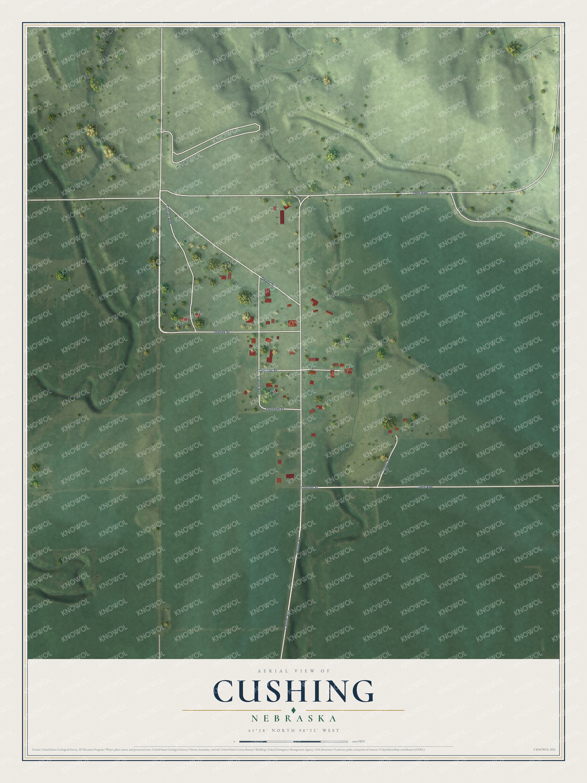 Full map of Cushing, Nebraska, with red buildings, printed street names and the land around them