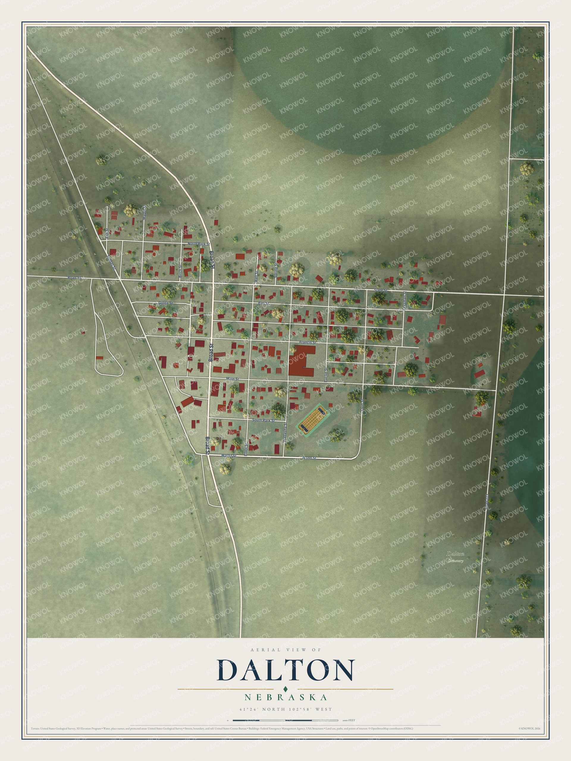 Full map of Dalton, Nebraska, with red buildings, printed street names and the land around them