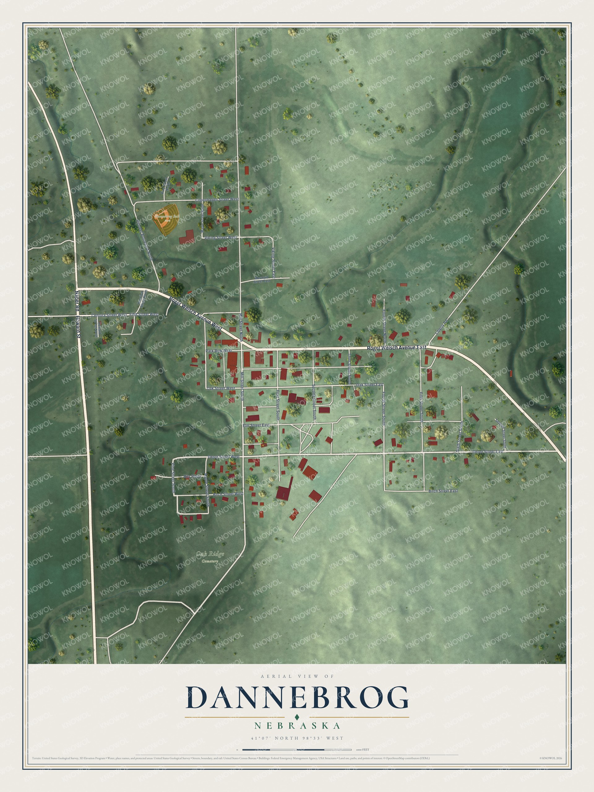 Full map of Dannebrog, Nebraska, with red buildings, printed street names and the land around them