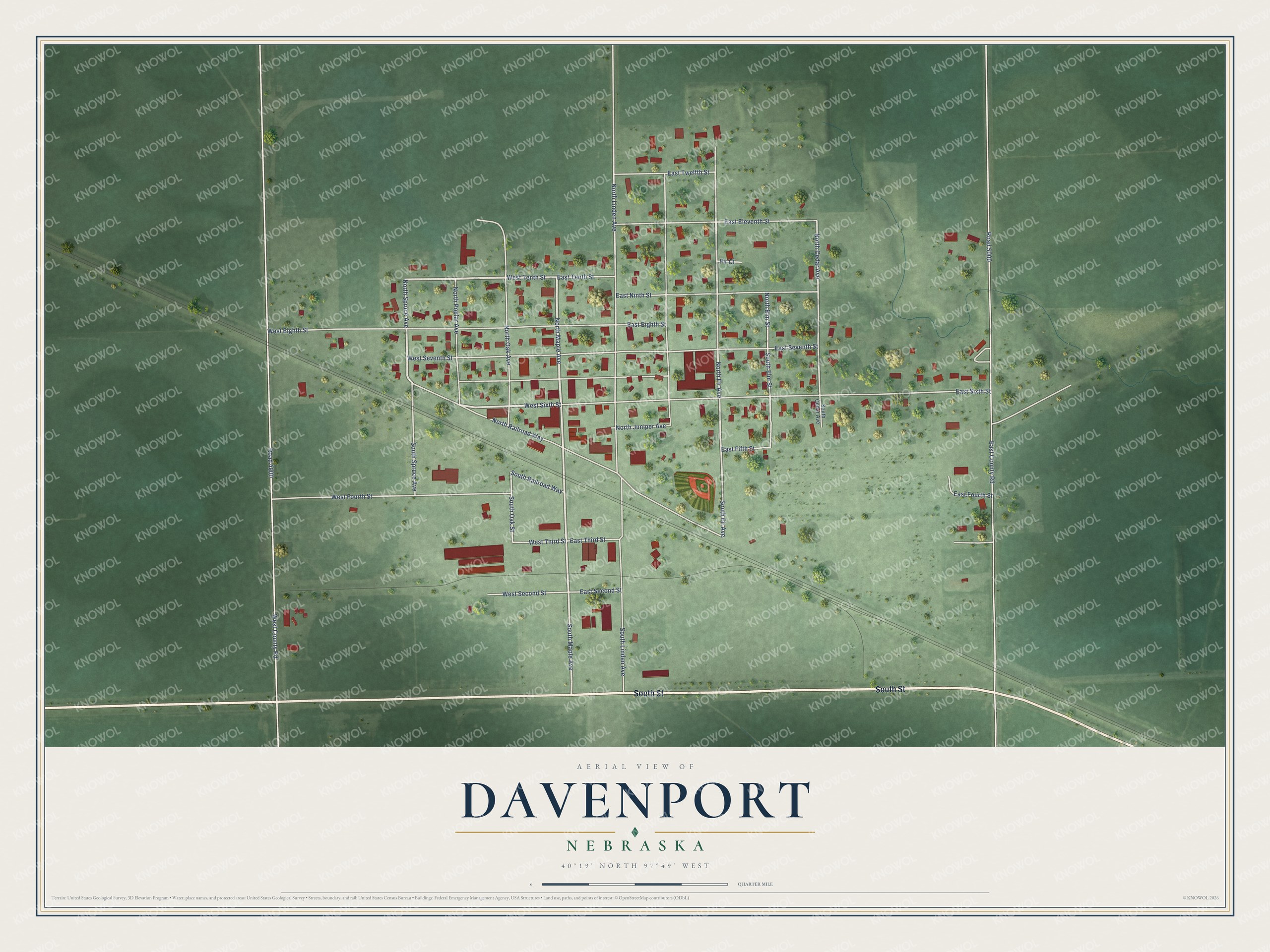 Full map of Davenport, Nebraska, with red buildings, printed street names and the land around them