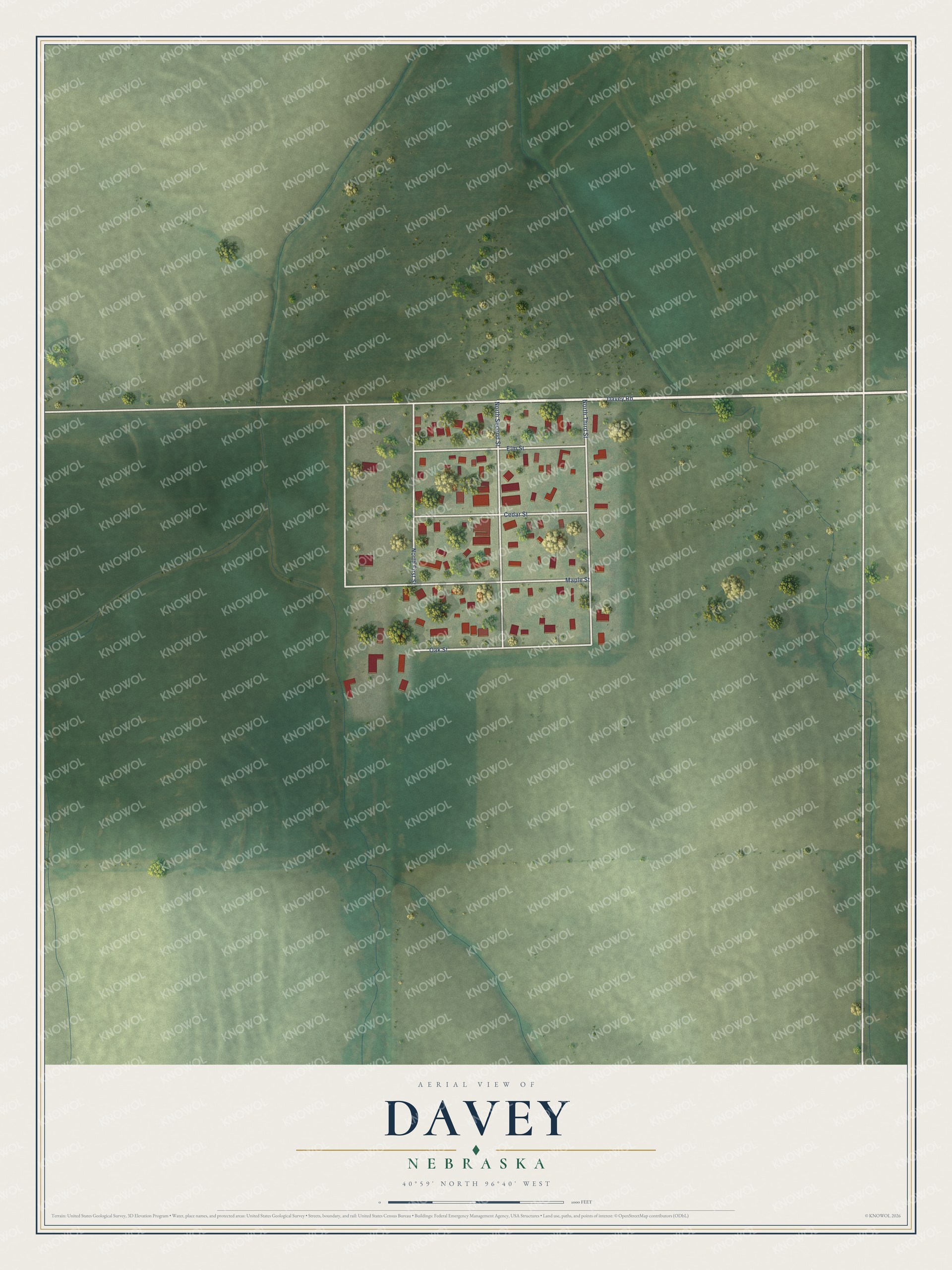Full map of Davey, Nebraska, with red buildings, printed street names and the land around them