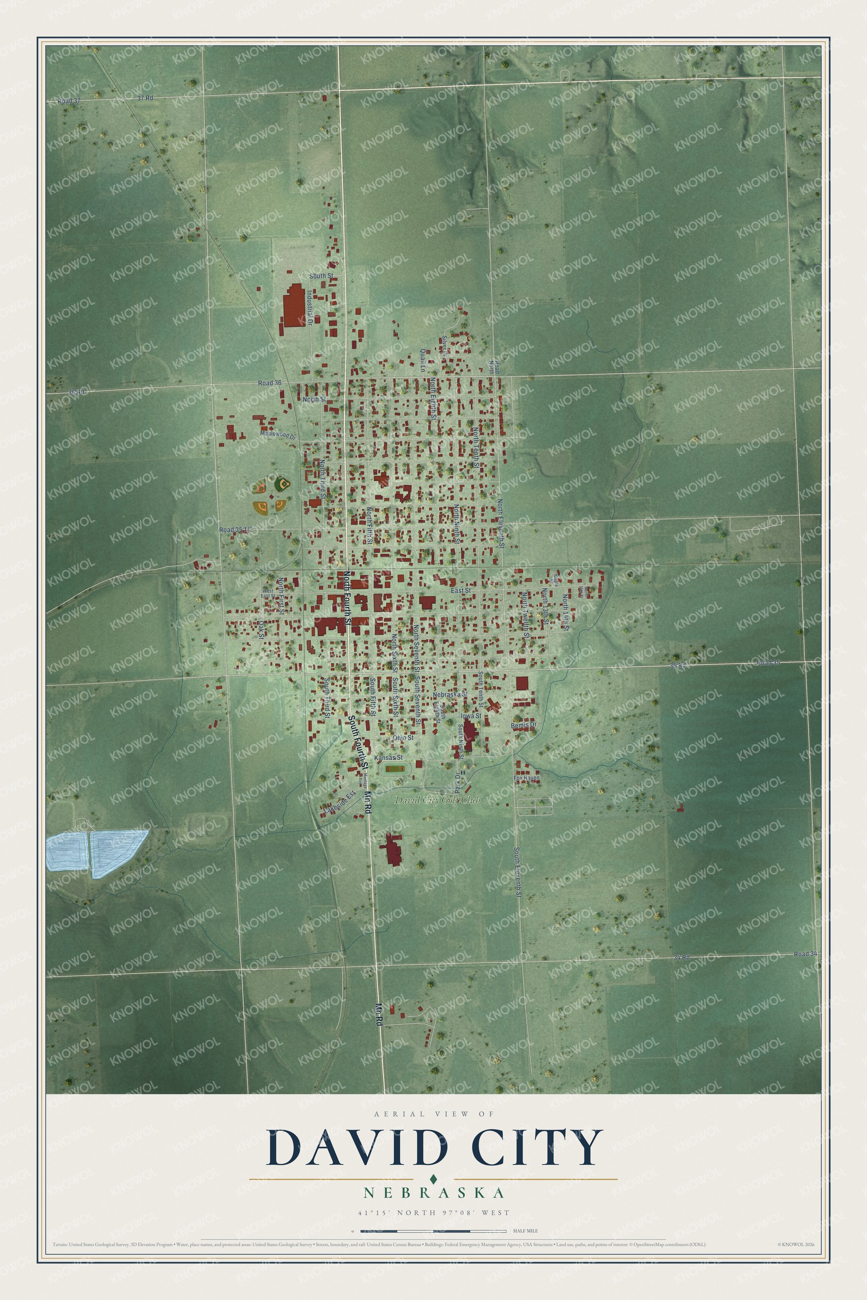 Full map of David City, Nebraska, with red buildings, printed street names and the land around them