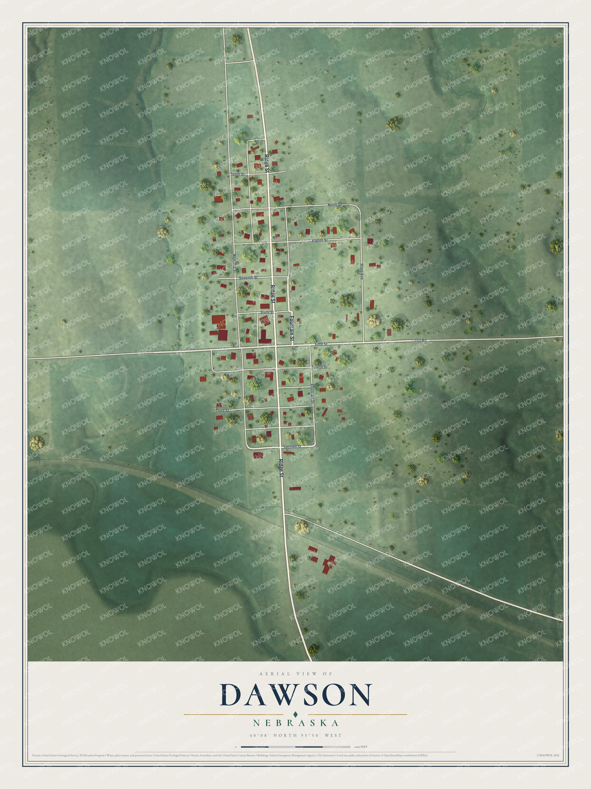 Full map of Dawson, Nebraska, with red buildings, printed street names and the land around them