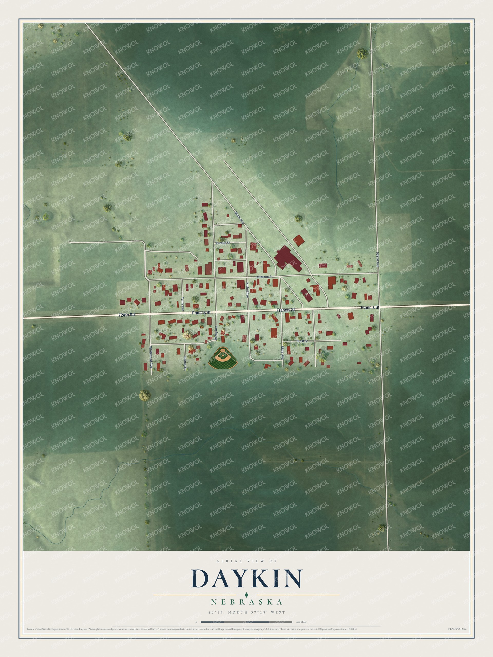 Full map of Daykin, Nebraska, with red buildings, printed street names and the land around them
